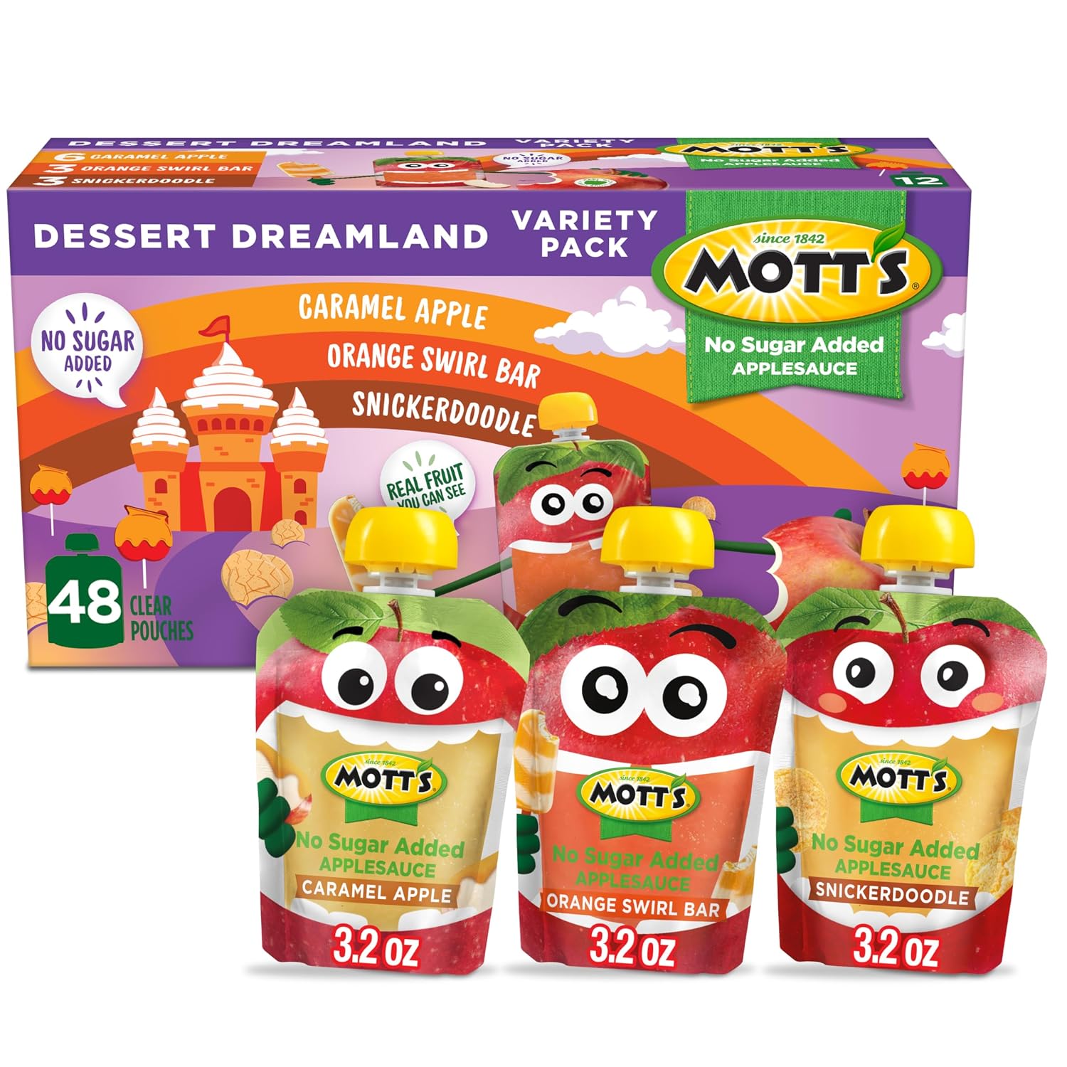 Mott's No Sugar Added Applesauce, 3.2 Oz Clear Pouches, 48 Count (4 Packs Of 12), Good Source Of Vitamin C, No Artificial Flavors