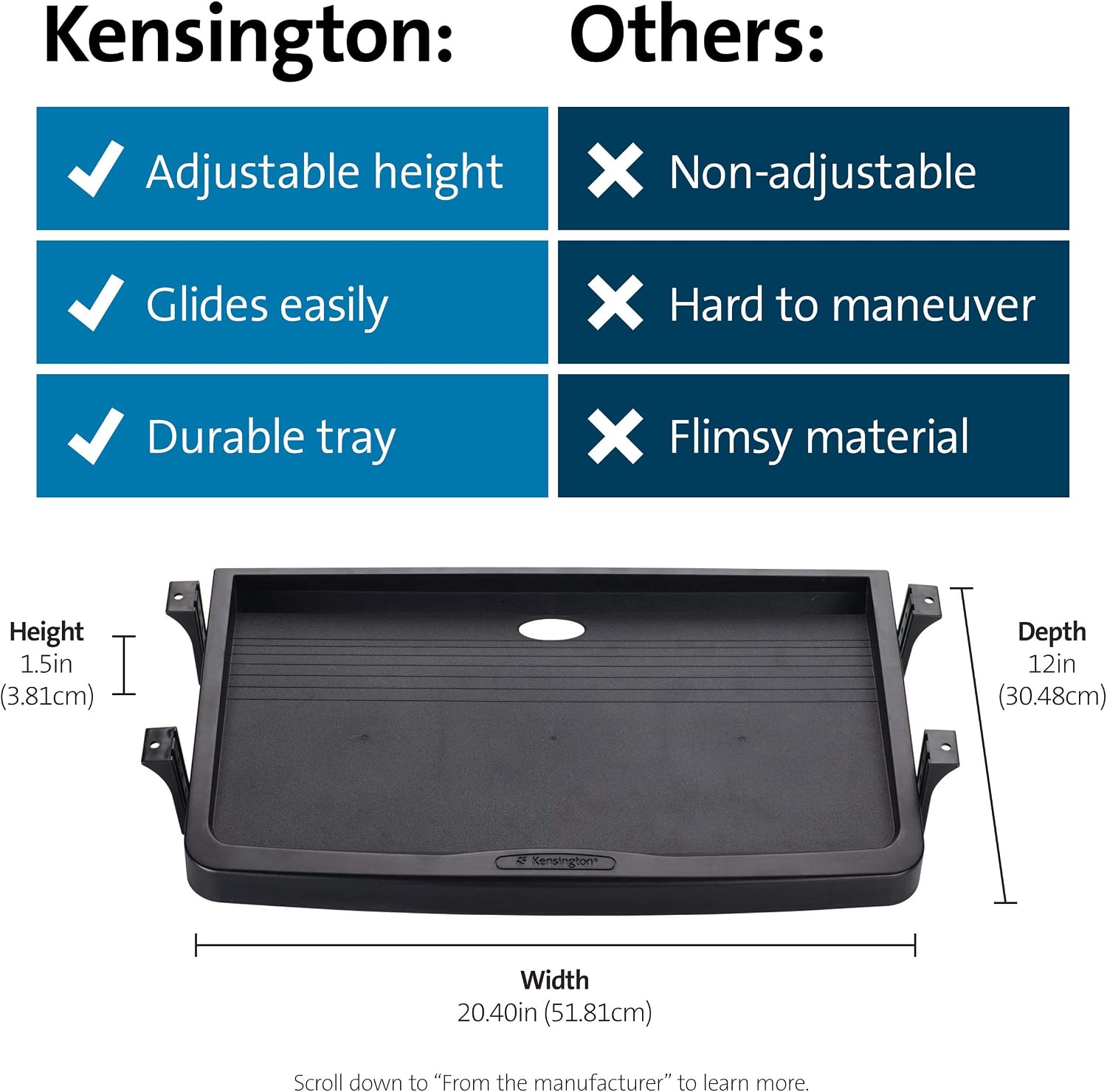 Kensington Underdesk Basic Keyboard Drawer (K60009US) , Black | Slide-out tray, frees up desk space, simple under-desk mounting