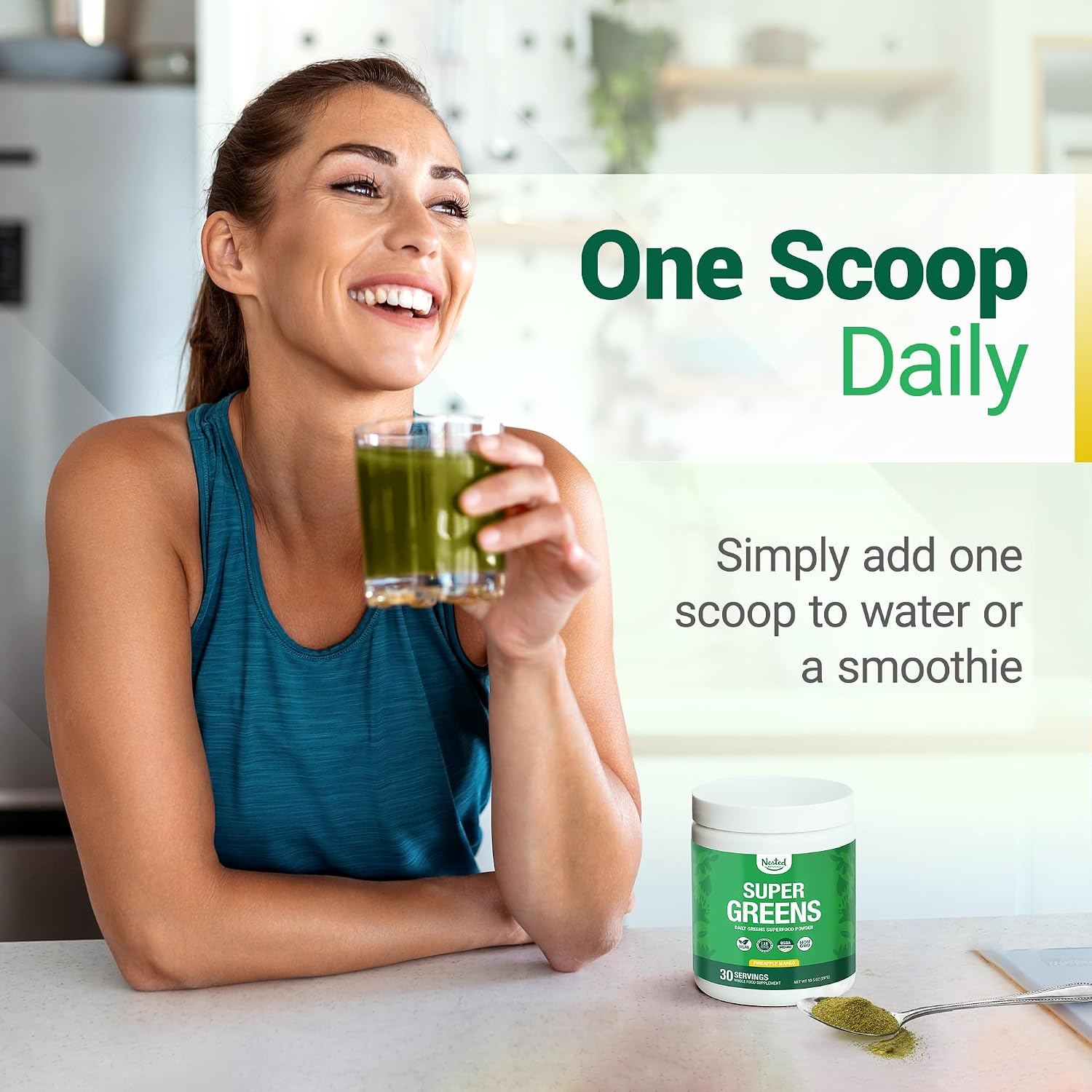 Nested Naturals Super Greens Daily Superfood Powder - Certified USDA Organic Green Powder w/20+ Whole Foods, Spirulina Powder,Wheat & Barley Grass - Probiotics, Fiber & Enzymes - Original Flavour, 30