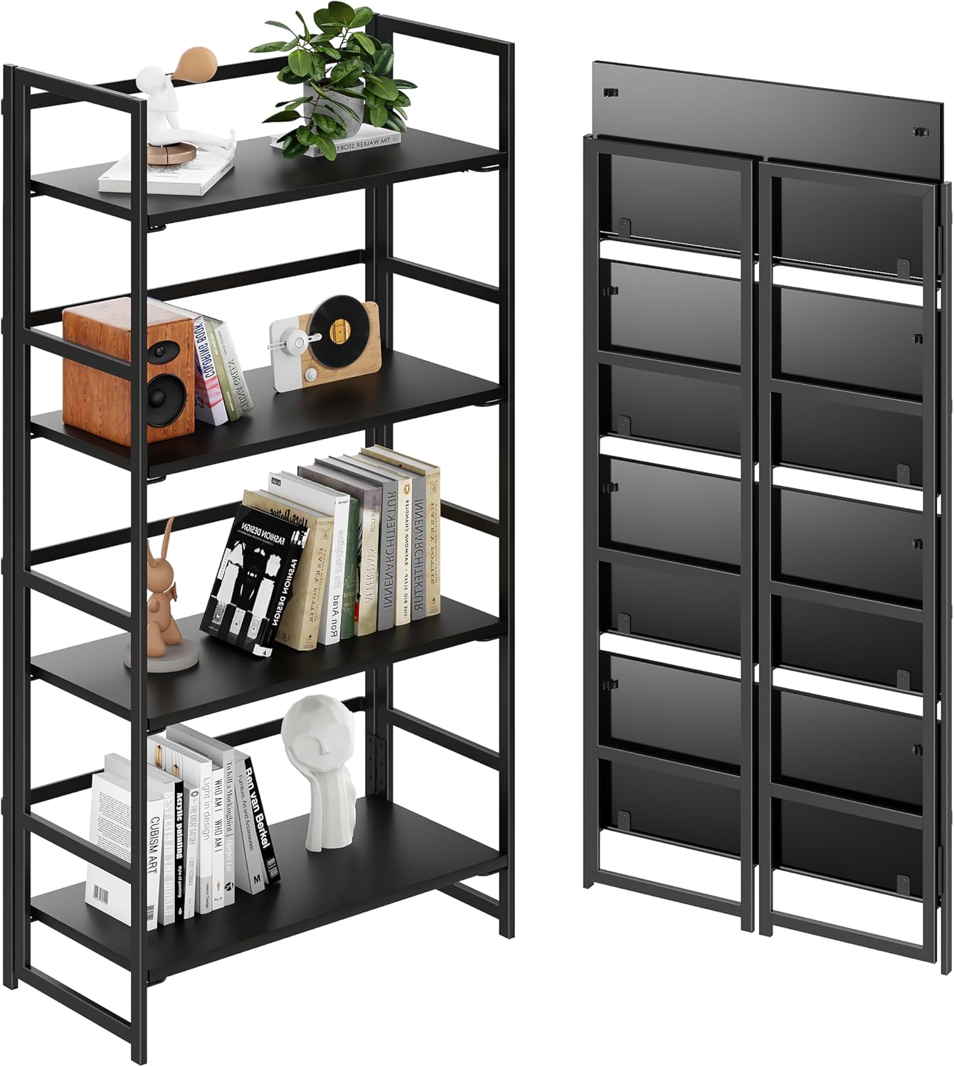 Vintage Multifunctional Folding Bookshelf, No-Assembly Plant Stand Storage Rack Shelves for Home Office (Fire, 5-Tier)