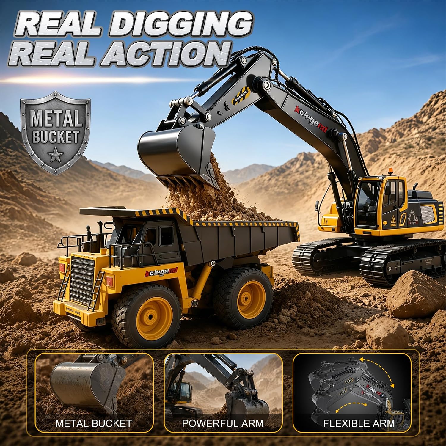 kolegend 1:18 Scale RC Excavator Toy with Metal Shovel, 11 Channels Remote Control Construction Truck