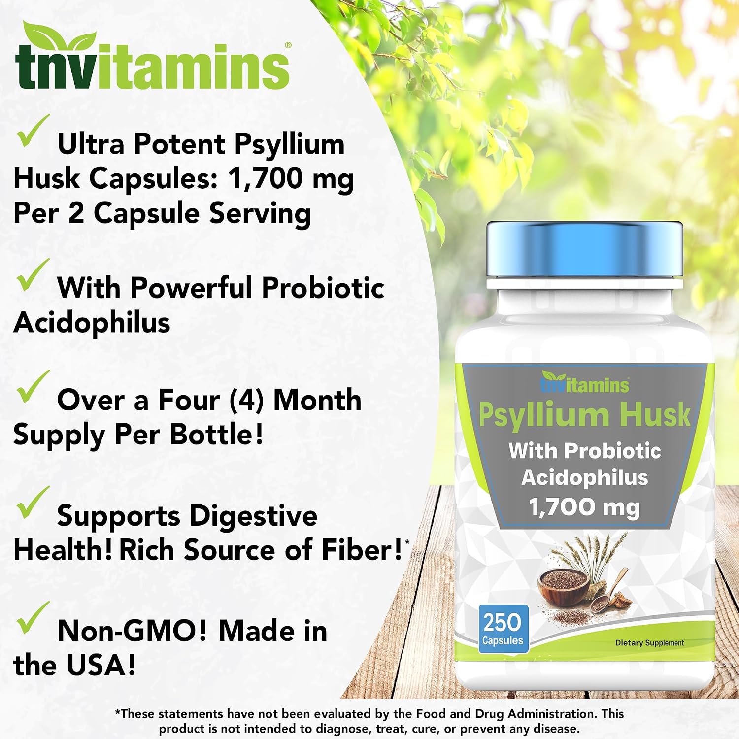 tnvitamins Psyllium Husk Capsules | 1700 MG - 250 Capsules | with Probiotic Acidophilus | Extra Strength Soluble & Dietary Fiber Supplement | Supports Digestive Health