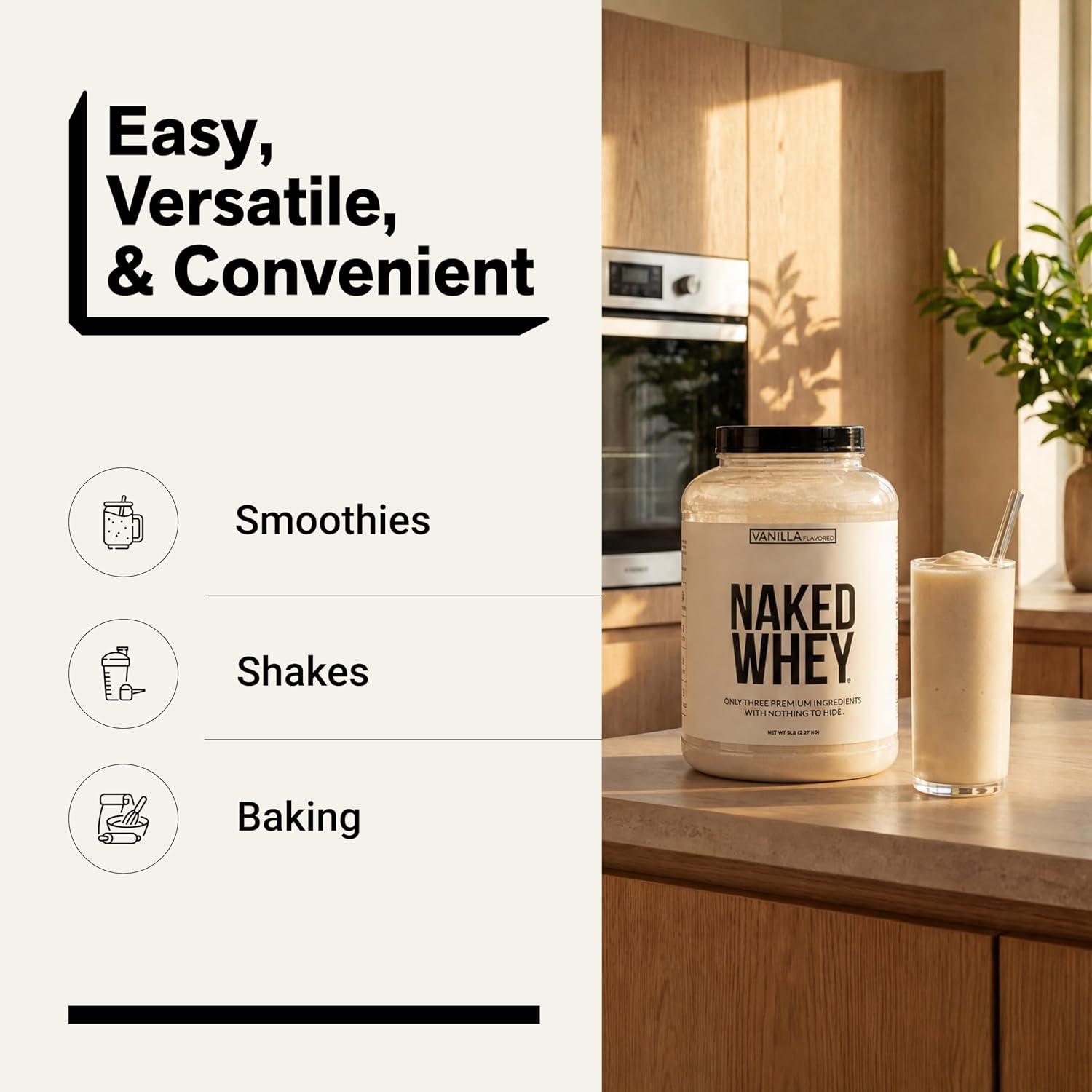 NAKED Whey 5LB 100% Grass Fed Unflavored Whey Protein Powder - Only 1 Ingredient, NSF Certified, Undenatured, Gluten Free, Soy Free, Promote Muscle Growth and Recovery - 76 Servings