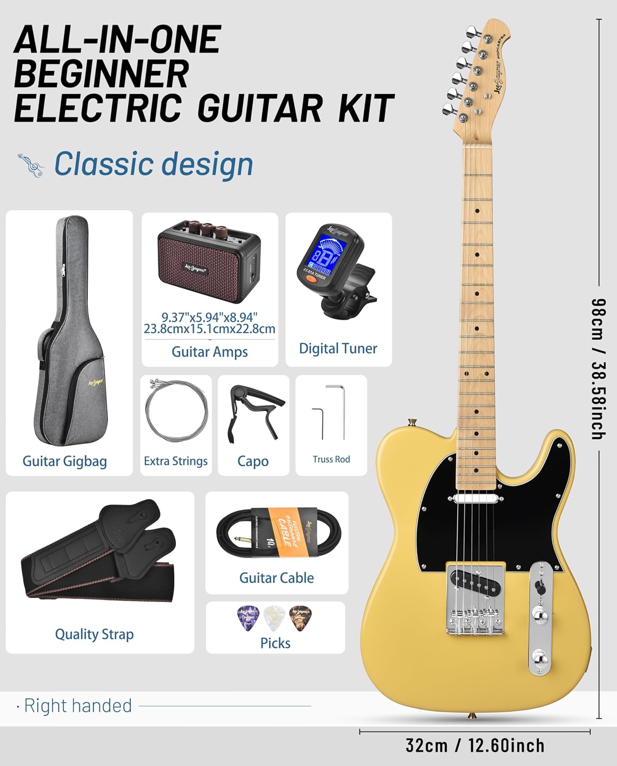 Leo Jaymz Beginner Electric Guitar Complete Kit with Portable Amp, Padded Gig Bag & Full Accessories, Maple Neck (TL-White)