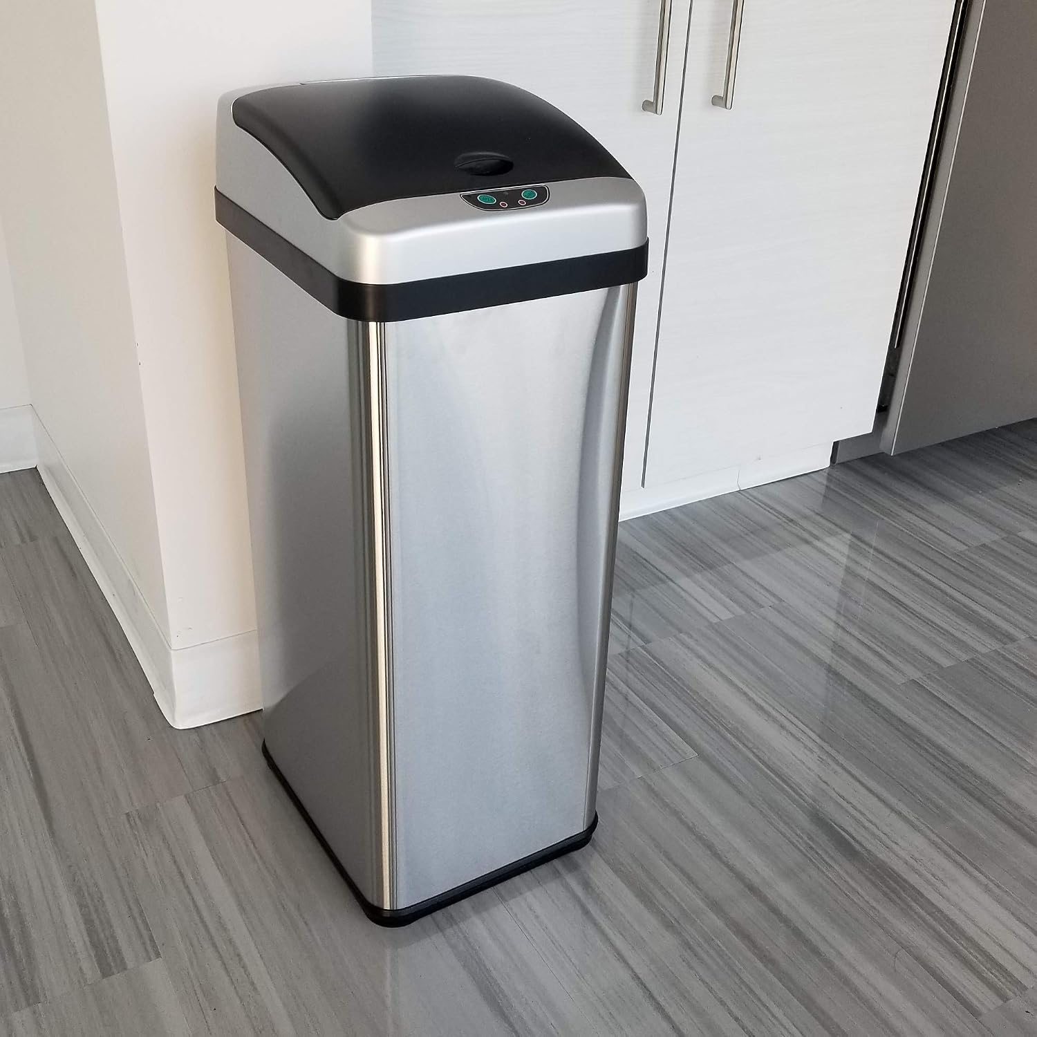 iTouchless Touchless Trash Can with AC Adapter, 3 Odor Filters Big Lid Opening Sensor Kitchen Garbage Bin, 13 Gallon, Stainless Steel, Platinum