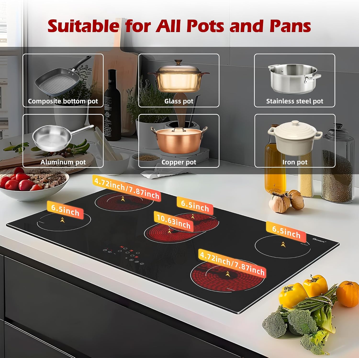 Electric Cooktop 36 Inch 5 Burners, 220~240V, Built in Electric Stove Top, 8400W Radiant Ceramic Cooktop with Hardwired, Touch Control, Child Lock