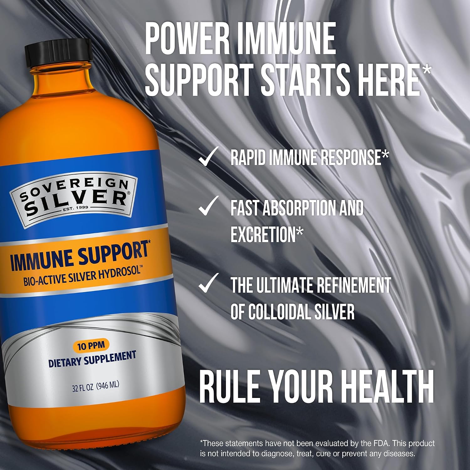 Sovereign Silver Immune Support, Colloidal Silver, 4 fl oz (118 mL) | Bio-Active Silver Hydrosol, 10 ppm, Liquid Dropper