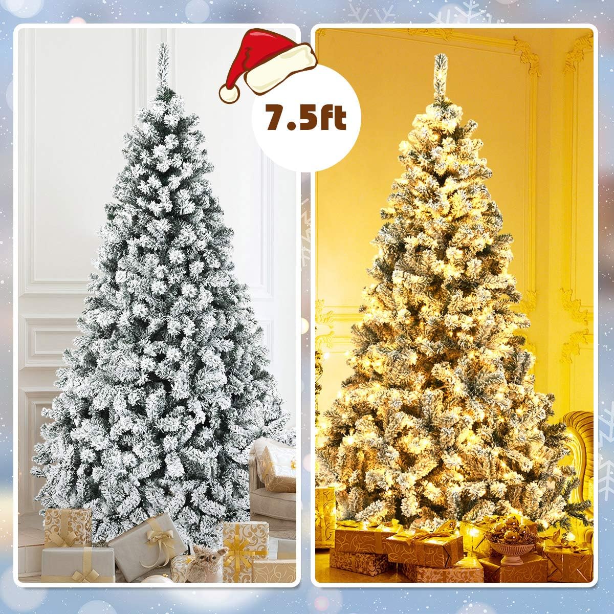 Goplus 7.5ft Pre-Lit Artificial Christmas Tree, Premium PVC Snow Flocked Hinged Pine Tree with Metal Stand and LED Lights