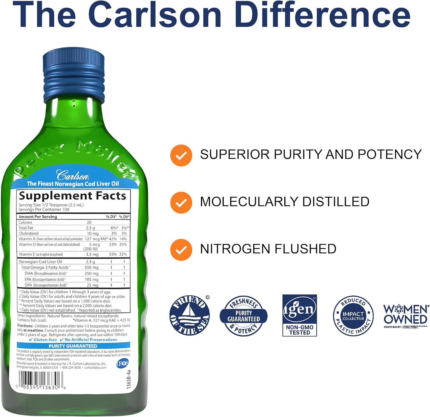 Carlson Cod Liver Oil, 1100 mg, Omega-3s, Lemon, 500 mL (16.9 Fl Oz) | plus Vitamins A and D3; Wild Caught Norwegian Arctic Cod Liver Oil; Sustainably Sourced Nordic Fish Oil Liquid