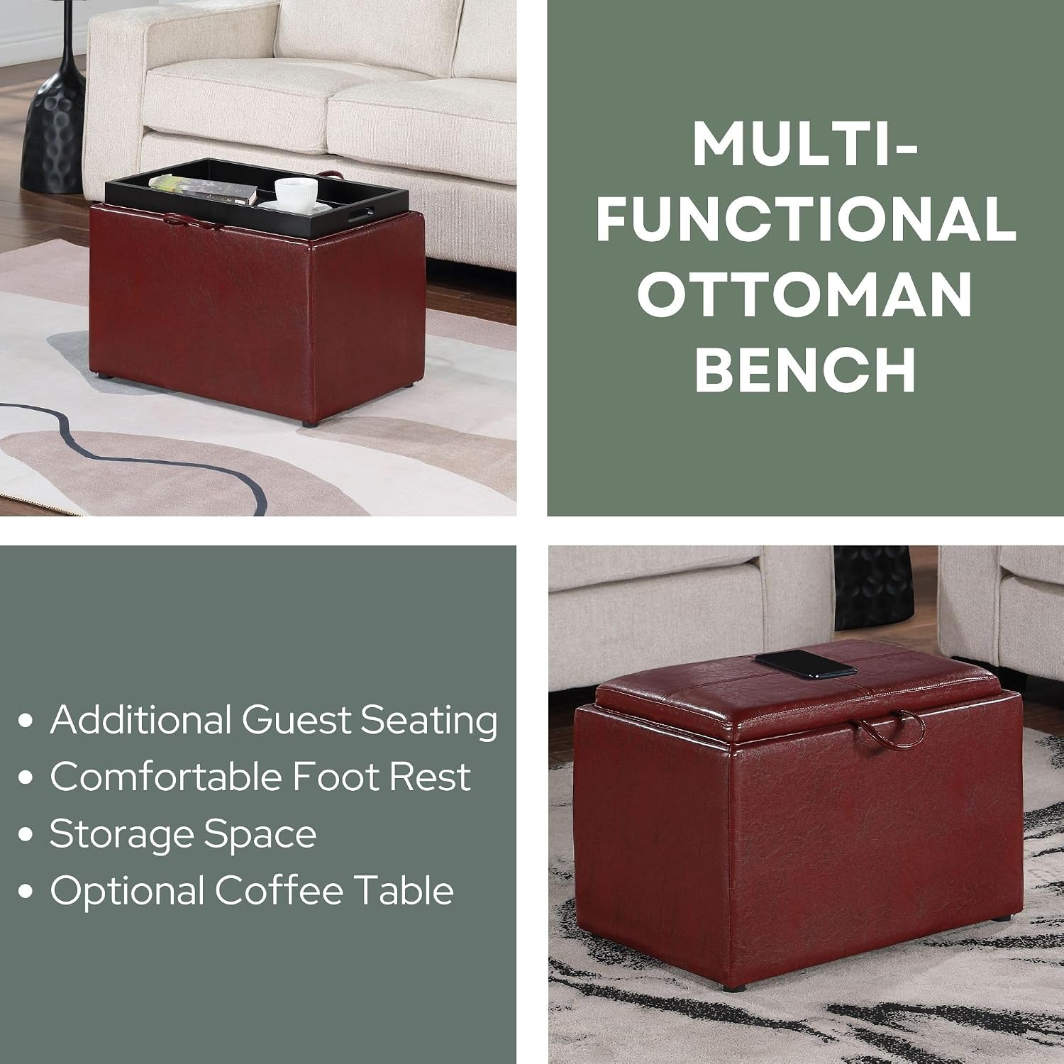 Convenience Concepts Designs4Comfort Accent Storage Ottoman 22.75" - Modern Foot Stool with Decorative Tray for Living Room, Dining Room, Office, Blue Faux Leather