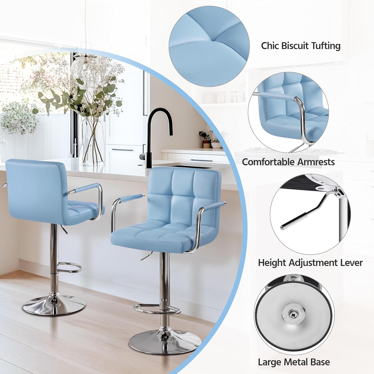 Yaheetech Bar Stools Set of 2, Swivel with Backs, Adjustable Height, White | 360° Swivel Barstools Feature Padded PU Leather Seats, Supportive Backs, 300 lb Capacity for Kitchen Islands