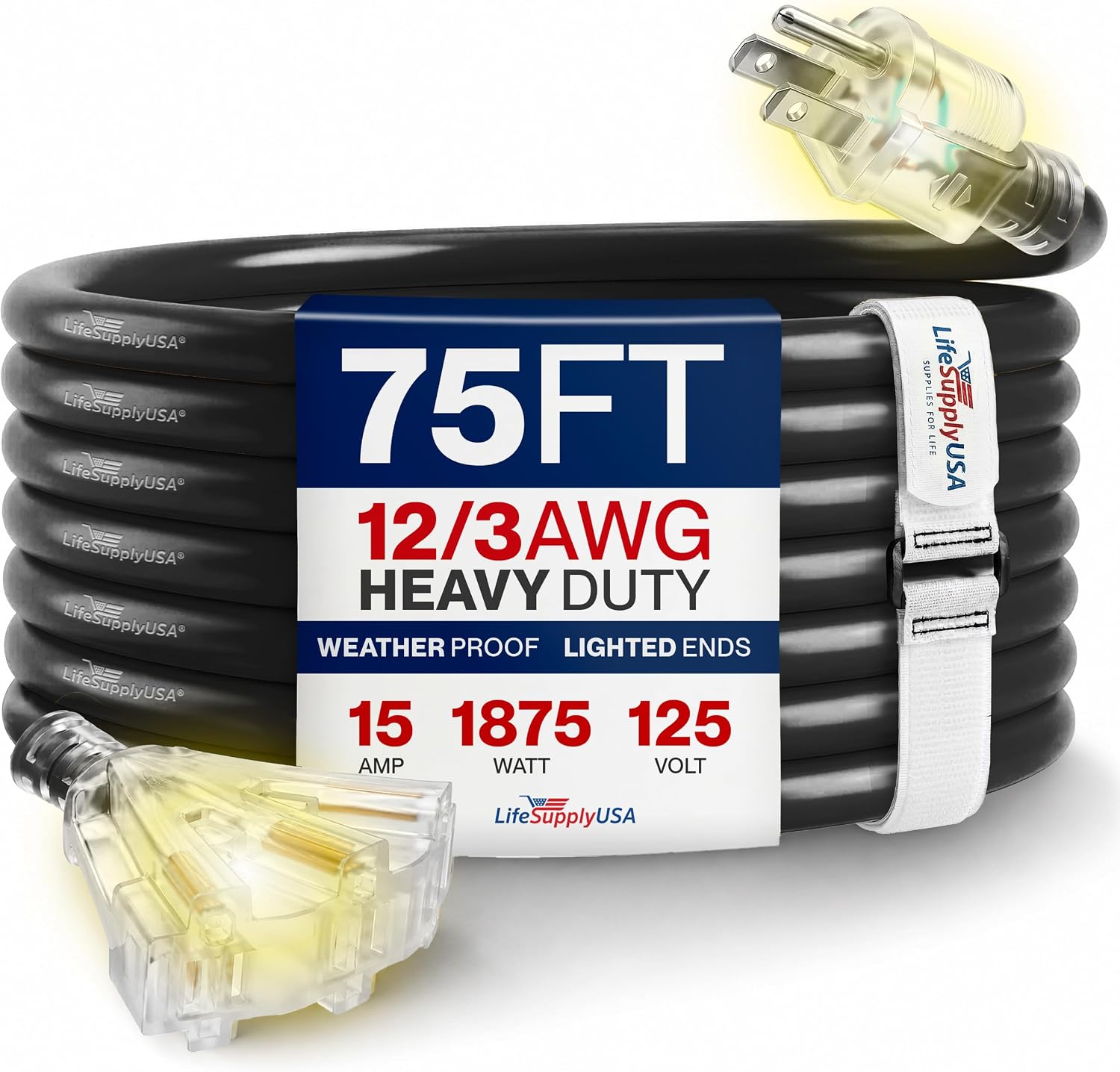 25ft Outdoor/Indoor Extension Cord 3-Outlet 12/3 Gauge Extra Heavy Duty 3 Prong SJTW, Waterproof, Flexible Cold-Resistant Long Power Cord,15A 125V 1875W, Yellow by LifeSupplyUSA