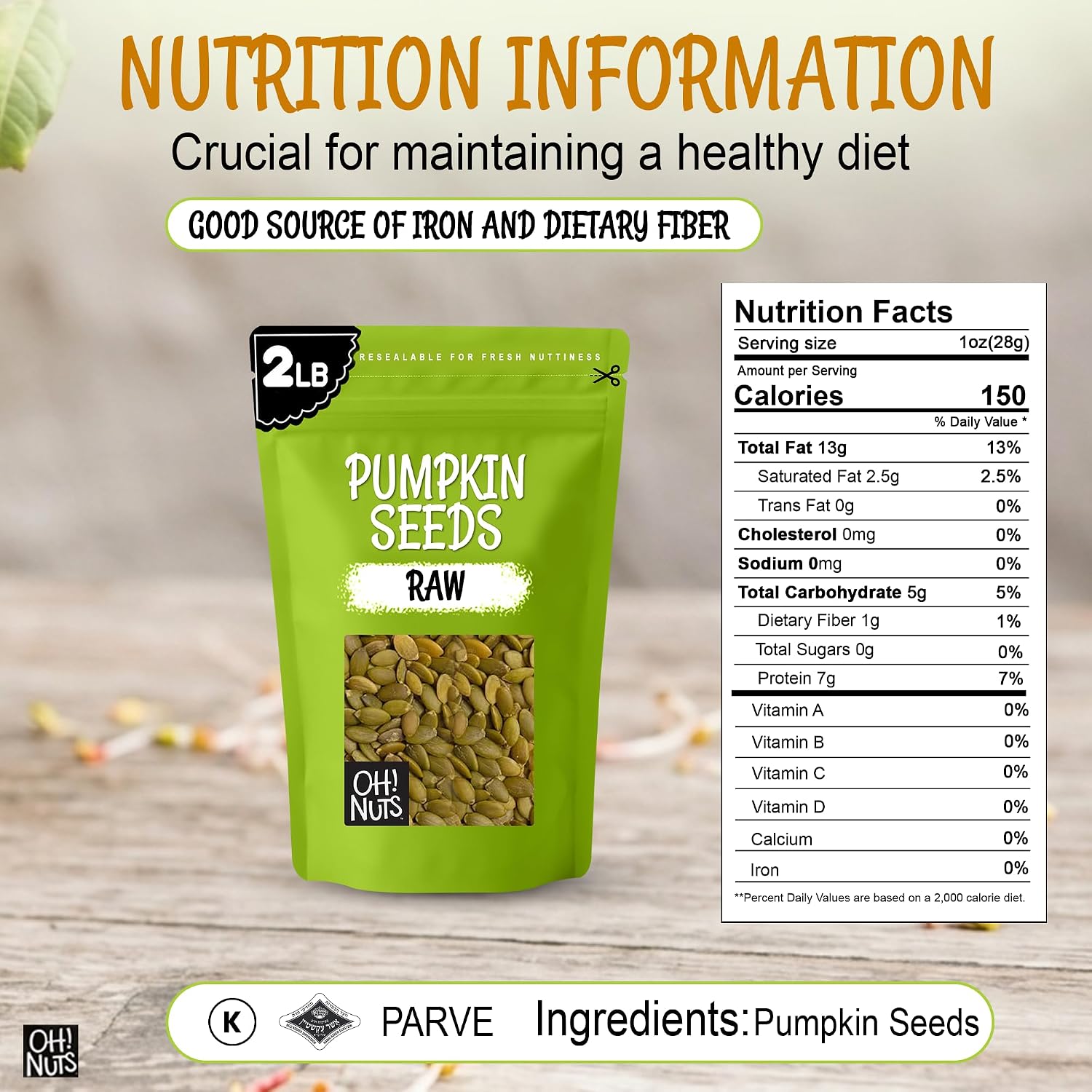 Oh! Nuts Raw Pumpkin Seeds Unsalted Pepitas 1 Pound - 100% Natural | Raw pumpkin seeds unsalted - 100% natural organic pepitas to eat - No shell - Packed in NY - Resealable zip-seal bag