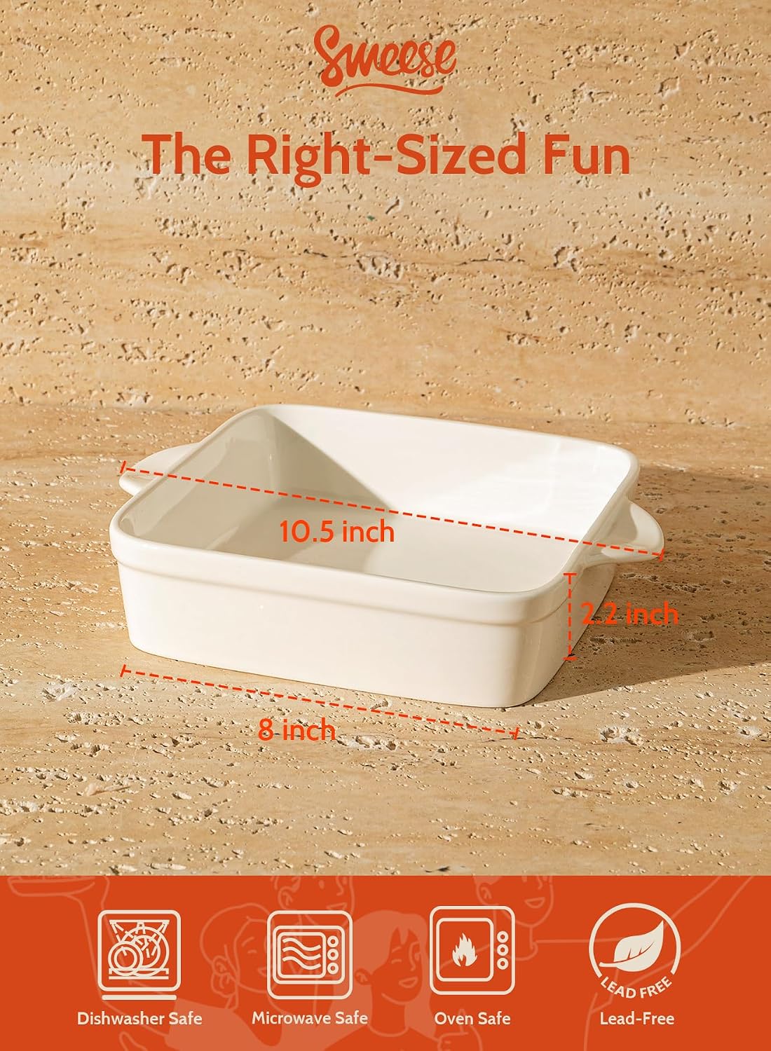 Sweese 8x8 inch Square Porcelain Baking Dish with Double Handles - Non-Stick Oven Casserole Pan for Brownie, Lasagna