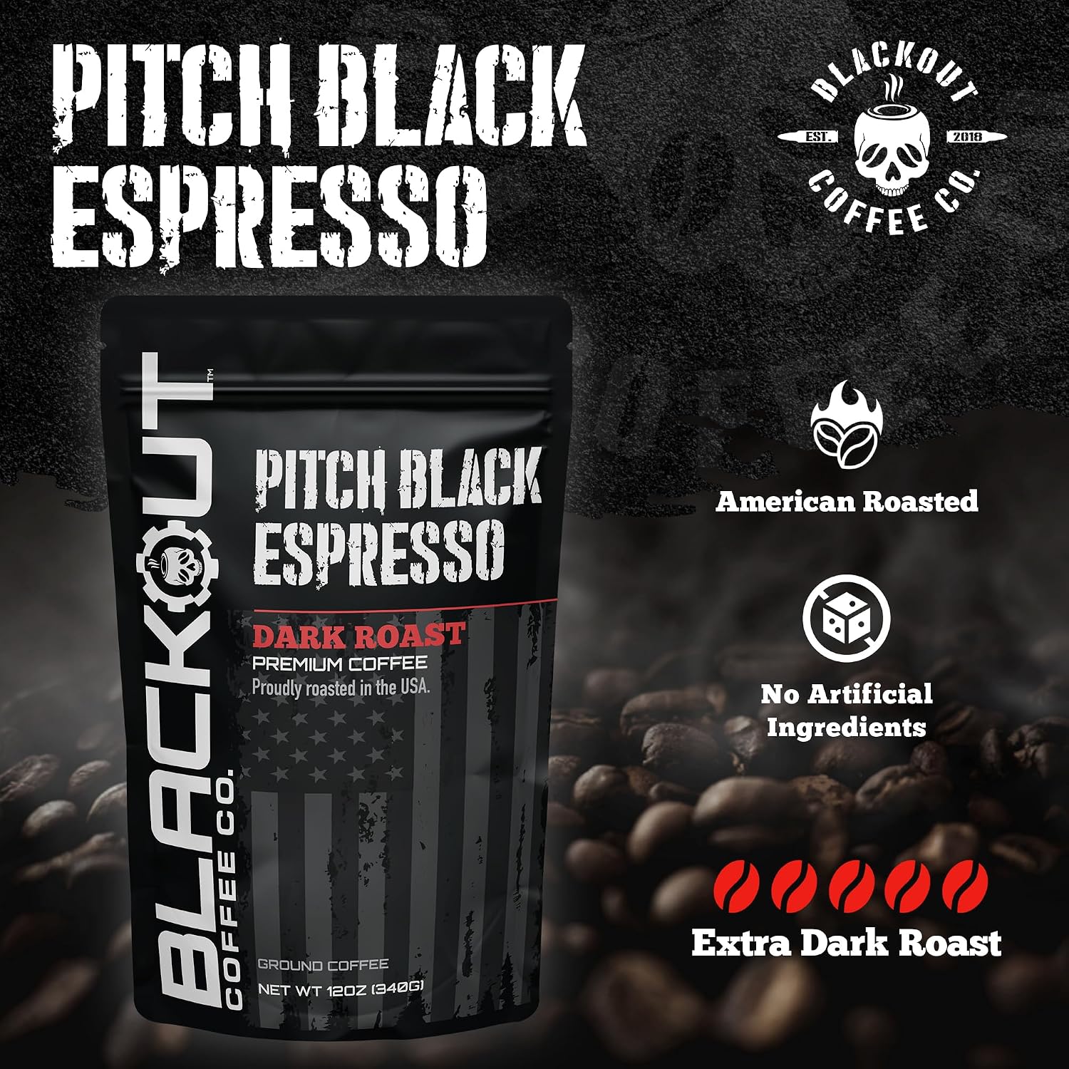 Blackout Coffee Pitch Black Espresso Ground Coffee – Extra Dark Roast, European-Style, Bold & Aromatic – Freshly Roasted 12oz Bag.