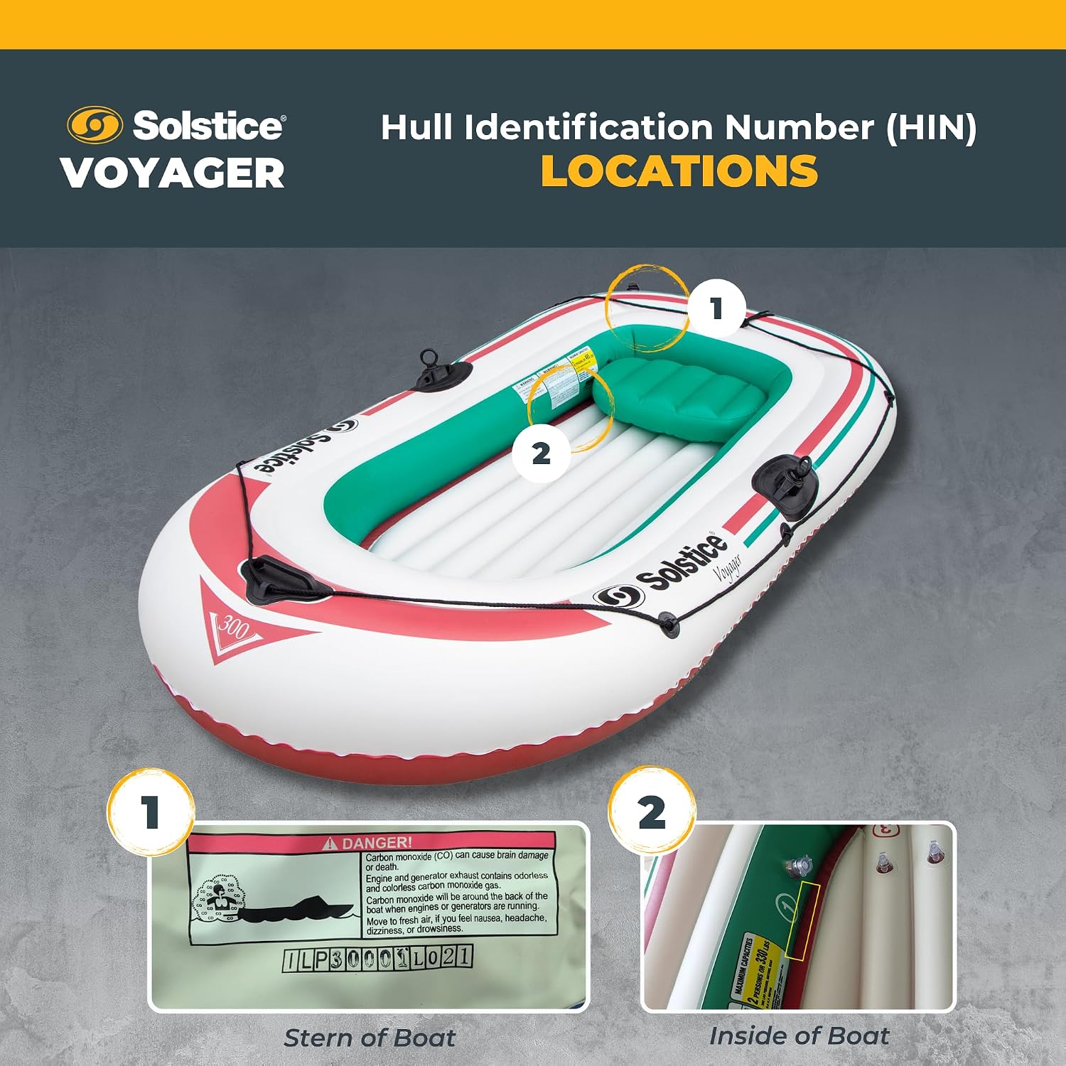 Solstice Voyager 4-Person Inflatable Fishing Boat with Dual Swivel Oar Locks and Rod -Holder, Motor Compatible 9' x 5'