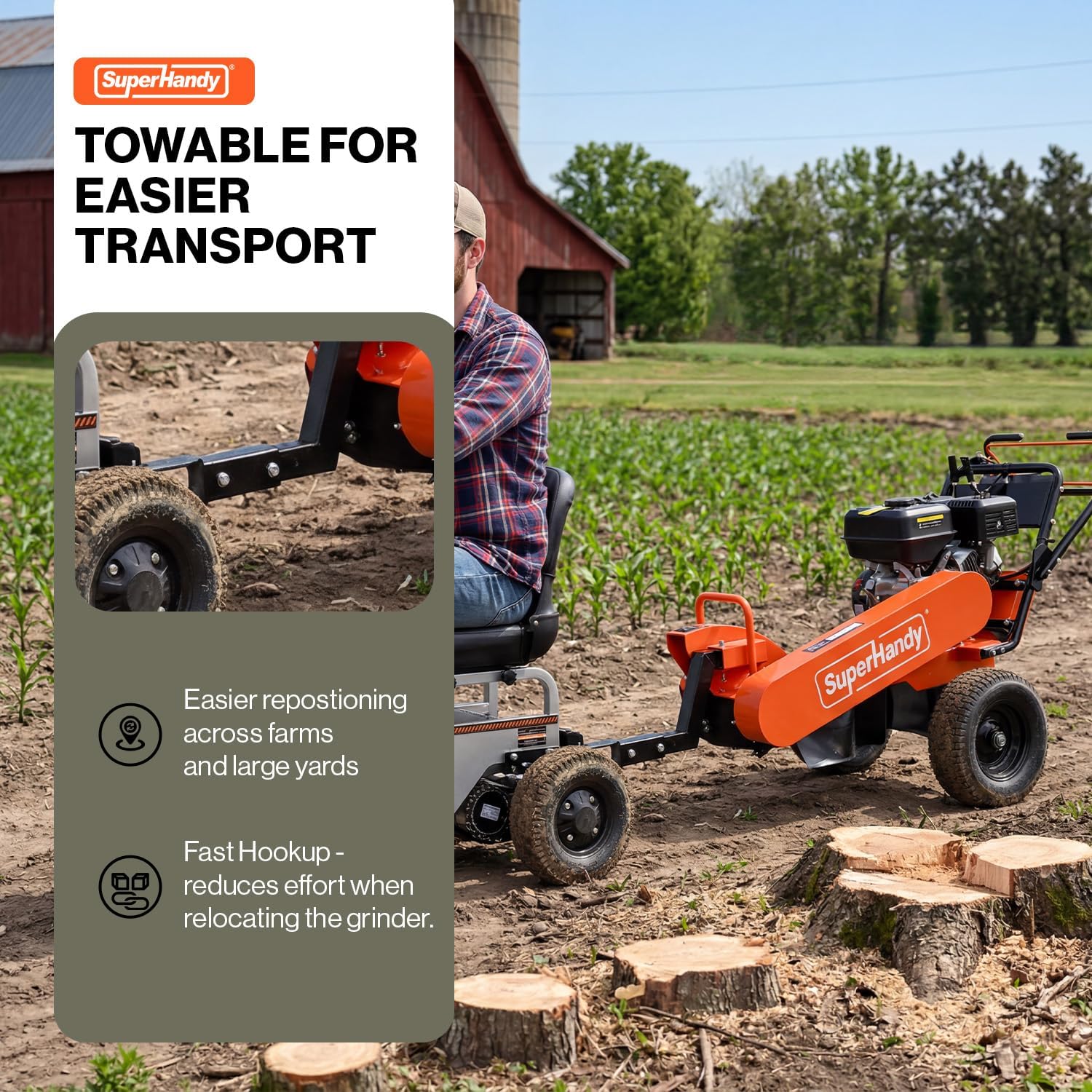 Superhandy 15HP Gas Powered Stump Grinder, 420cc 4-Stroke Engine, 8 Tungsten Carbide Teeth
