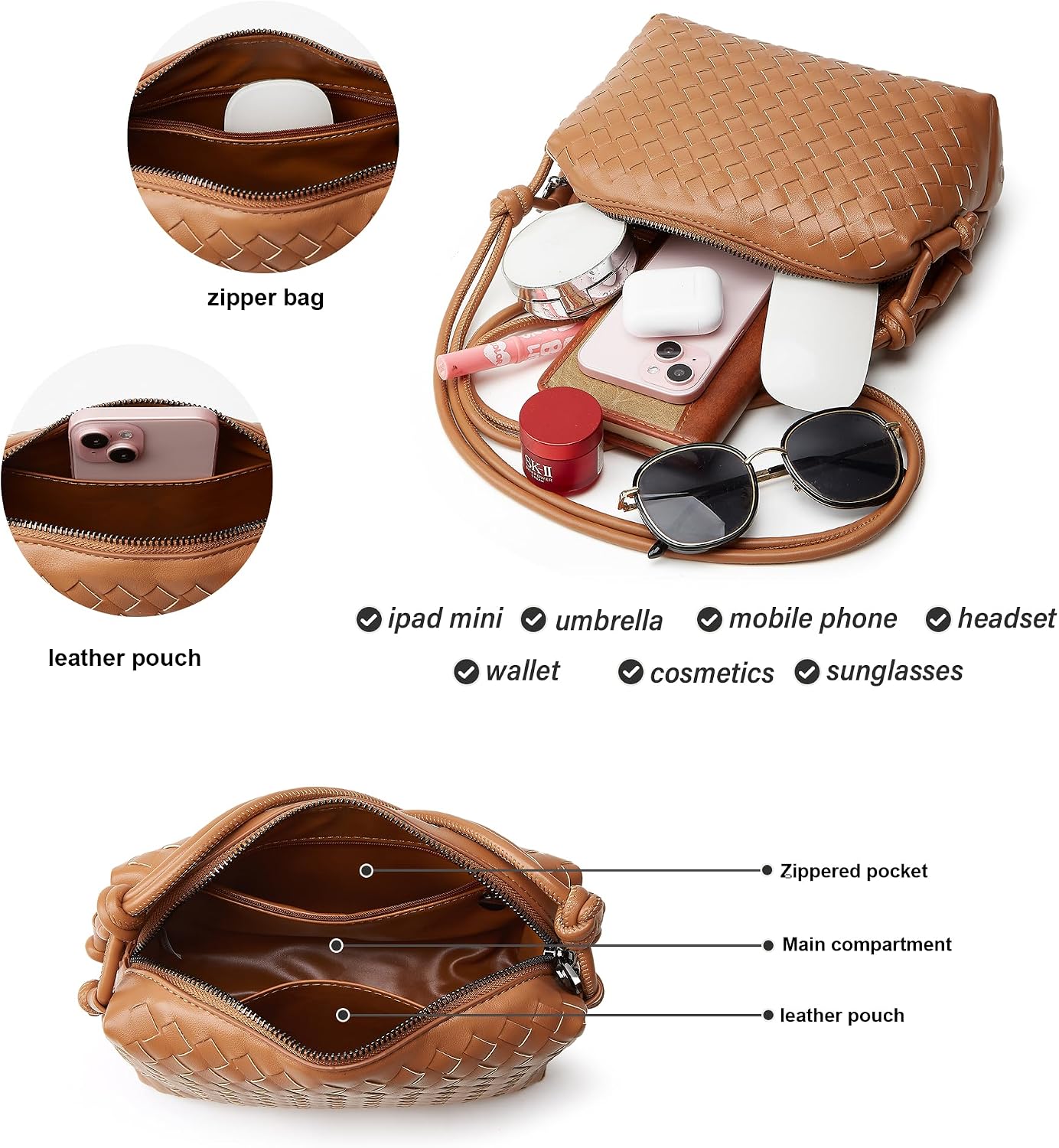 Woven Crossbody Bag for Women: Vegan Leather Handbag for Leisure | Classic Handwoven Bag For Style - Compact Design, Lightweight, Minimalist Style, Fits Phone, Cards & Key, Ideal for Daily Use
