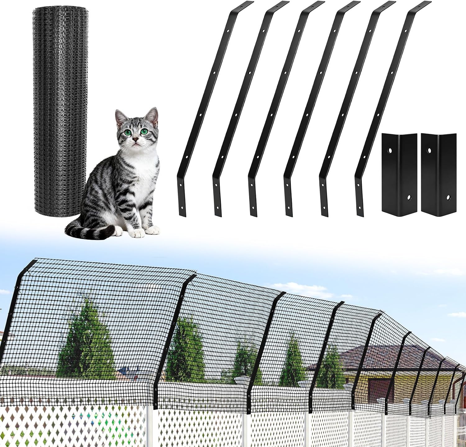 Cat Fence Outdoor Barrier 33FT, Cat-Proof Fence Topper System | Anti-Climb Fence Extender for Existing Fence, Cat Proof Netting for Wood, Metal