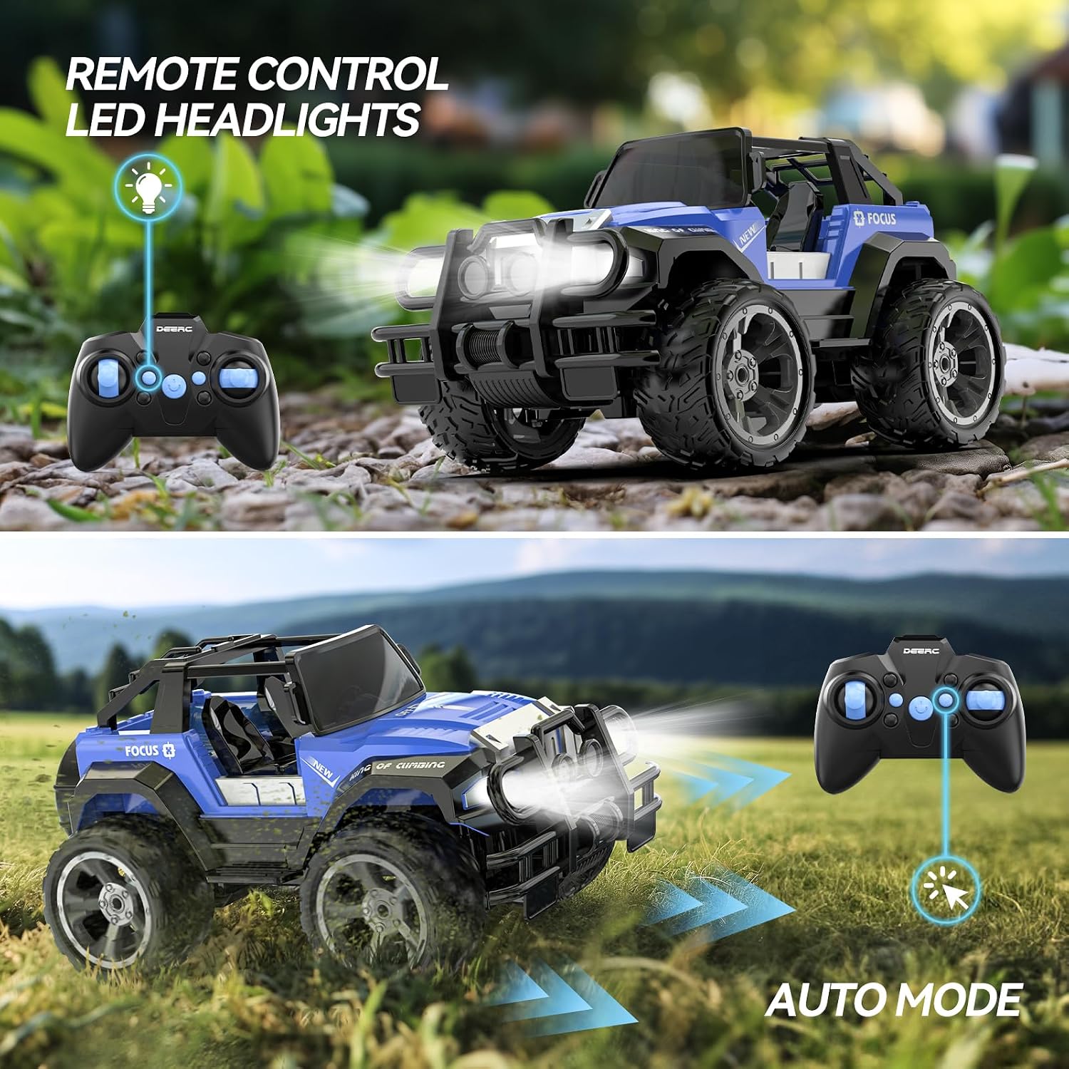 DEERC DE125 1:14 RC Car for Kids,4WD Remote Control Off-Road Monster Truck | RC Rock Crawler with Mist Spray,Metal Shell, LED Lights, 2.4GHz All-Terrain Car, 2 Batteries, Gifts for Beginners and boys