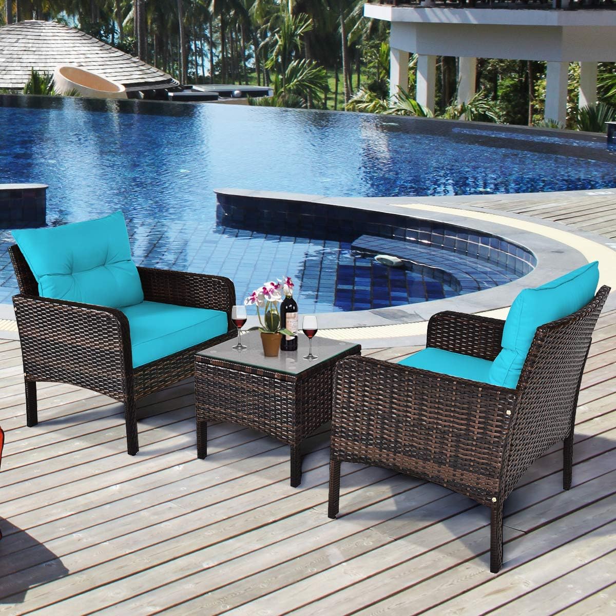Tangkula 3 Piece Outdoor Patio Furniture Set, Wicker Chairs Set with Glass Top Coffee Table, Thick Cushions