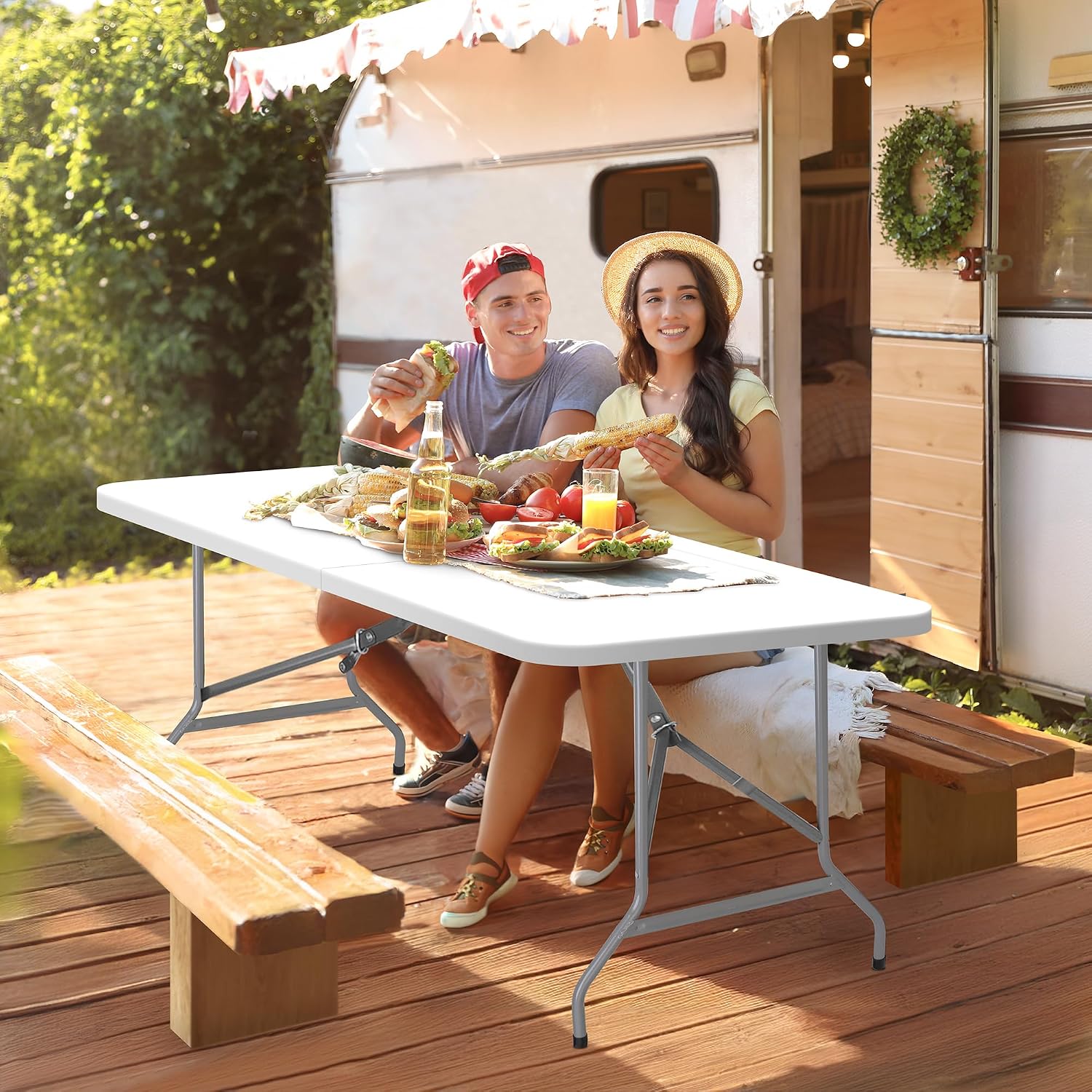 ZenStyle 6 ft Indoor Outdoor Heavy Duty Plastic Folding Table Portable Picnic Table Fold-in-Half Utility Table w/Handle and Steel Legs for Camping