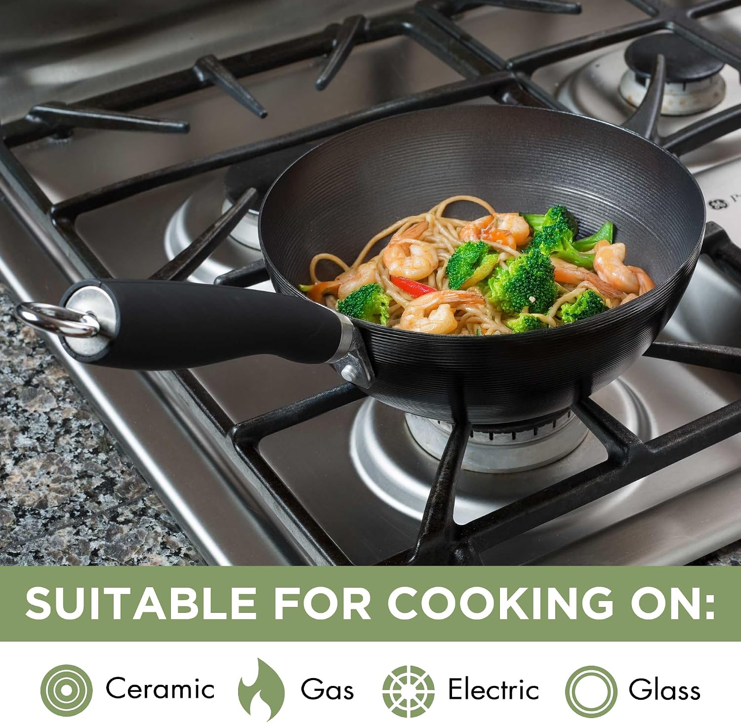 Ecolution Non-Stick Carbon Steel Wok with Soft Touch Riveted Handle, 8",Black