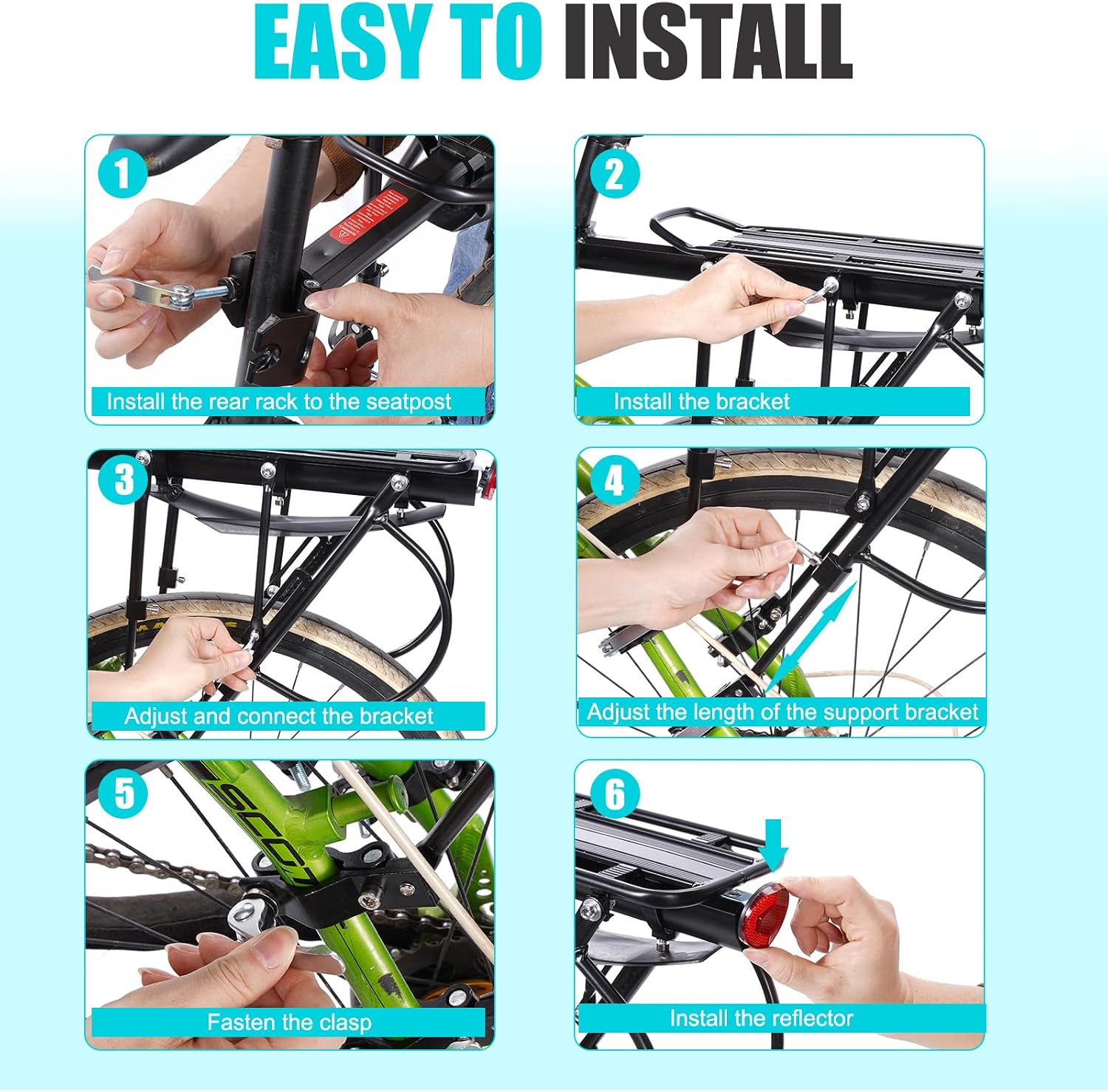 HOMEE Rear Bike Rack, Bike Cargo Racks Frame for 26"-29" Frames | Aluminum Alloy Universal Adjustable Cycling Equipment Stand Footstock Bicycle Luggage Carrier with Tools and Reflector