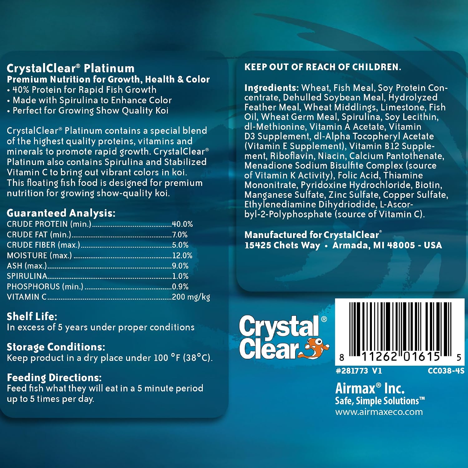 CrystalClear Platinum Fish Food Floating 5mm Pellets, 17.6 lbs | For Koi & Goldfish, premium nutrition to boost growth, color, and wellness in backyard ponds & water gardens