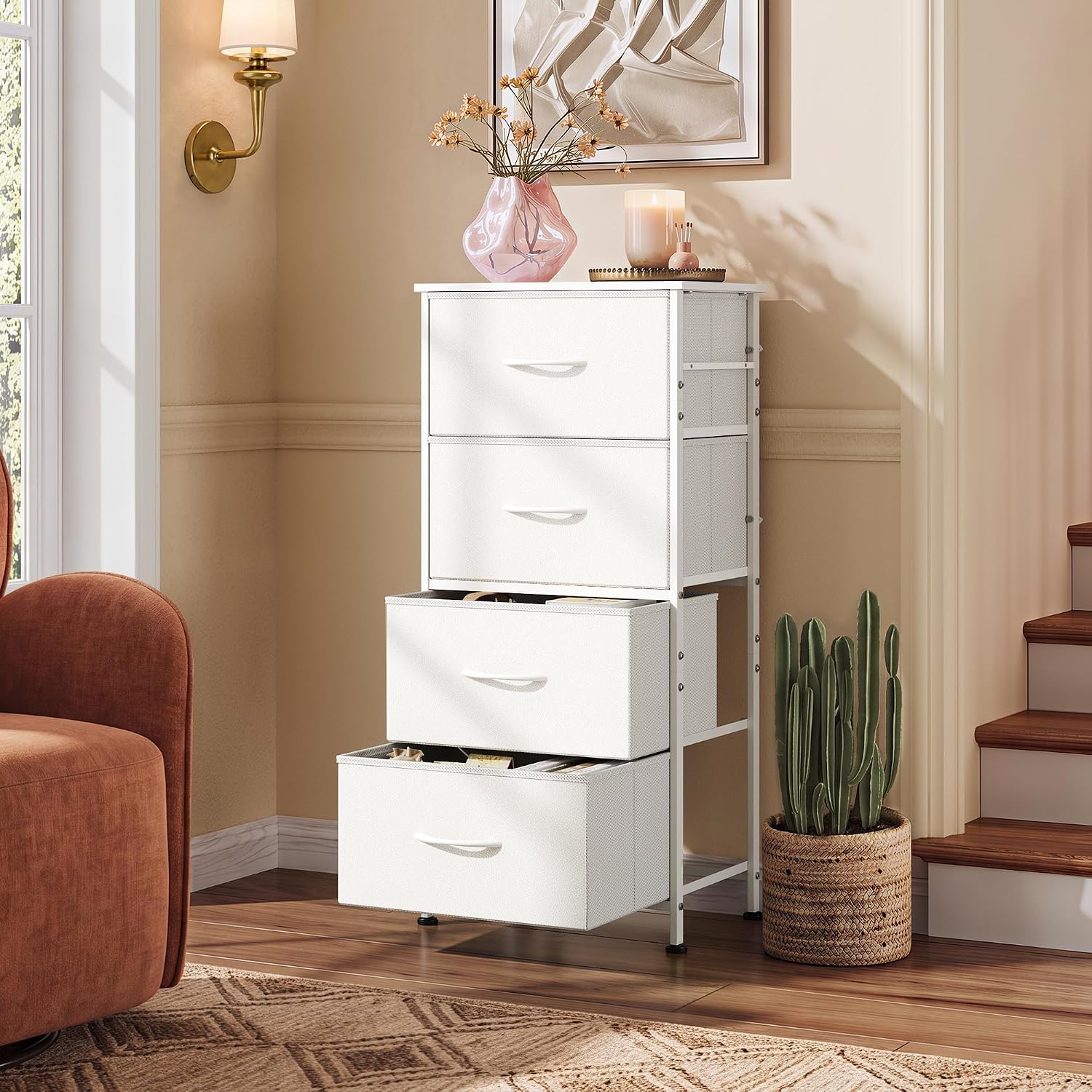 WLIVE Small Dresser Nightstand for Bedroom, 4 Drawers, Light Grey | 4 vertical fabric drawers, Space-saving tower, Bedroom or closet use, Chest of drawers, Dresser for small spaces