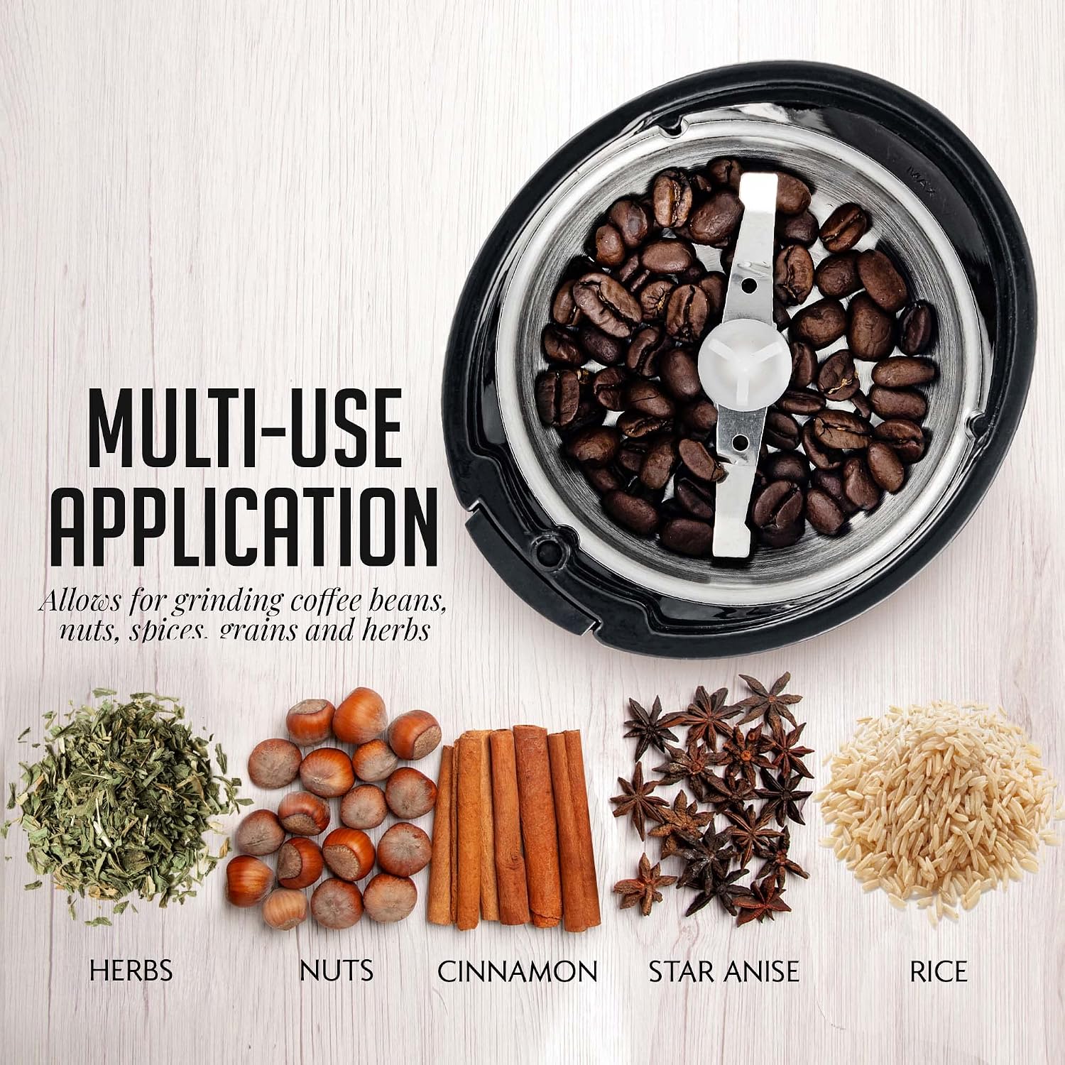 OVENTE Electric Coffee Grinder with One Touch Push-Button, White CG225W | 2.5oz Capacity, 150W Motor, Stainless Steel Blades for Uniform Grinding of Beans, Spices, Herb, Nuts & More, Safety Lock Lid