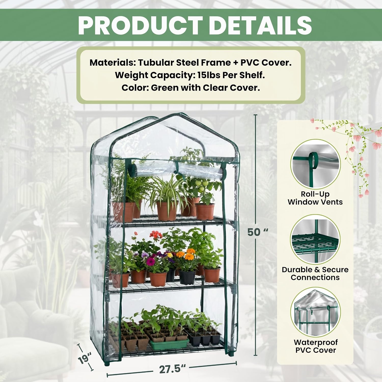3 Tier Mini Greenhouse - Portable Greenhouse with Rust-Resistant Frame and PVC Cover for Indoor/Outdoor - 27.5x19x50-Inch Green House by Pure Garden