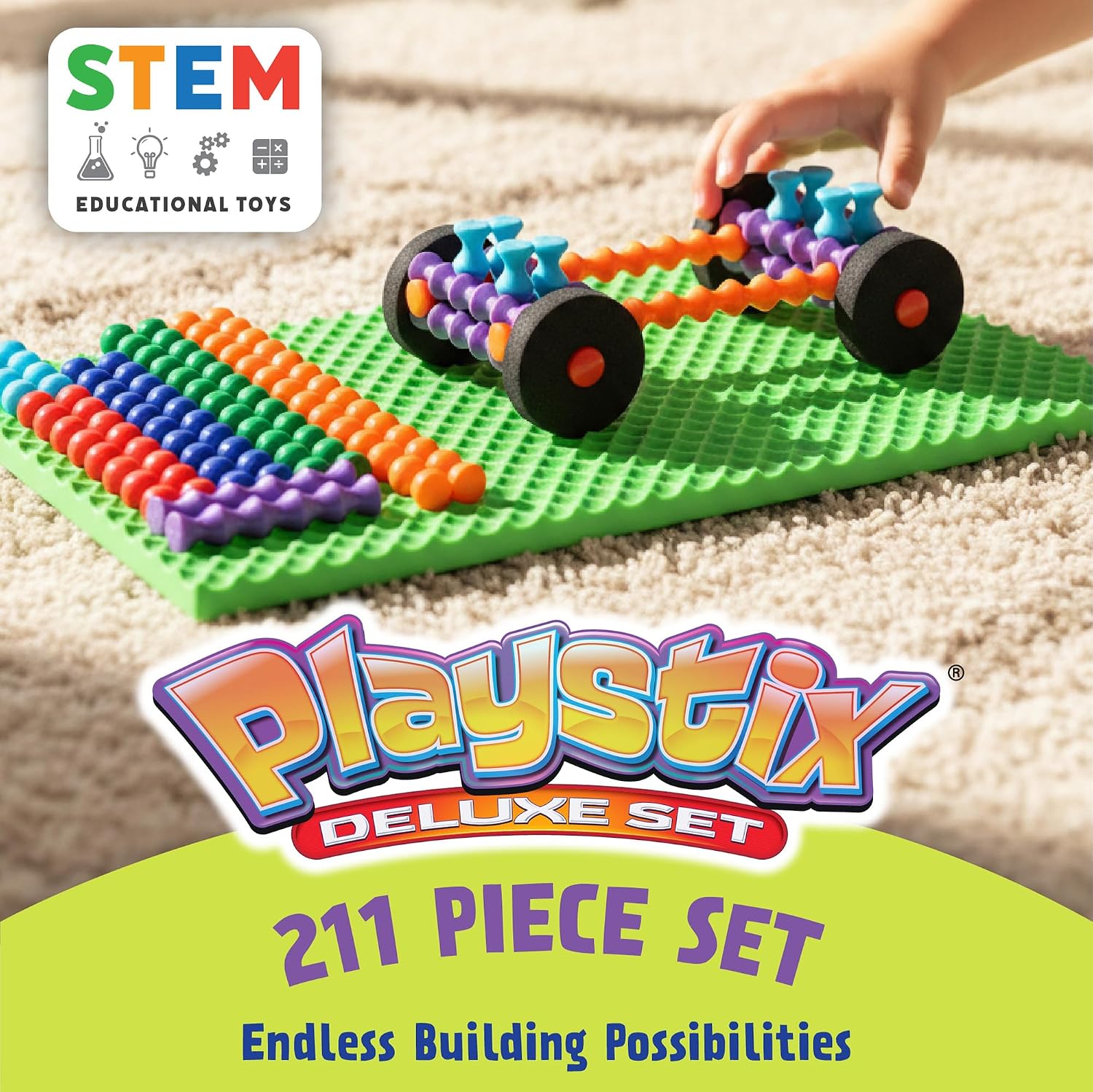 POPULAR PLAYTHINGS Playstix Deluxe Set, 211 Piece, Building Sticks Kit | for Kids Ages 4 and Up, Construction Stem Building Toy Gift, for Boys & Girls