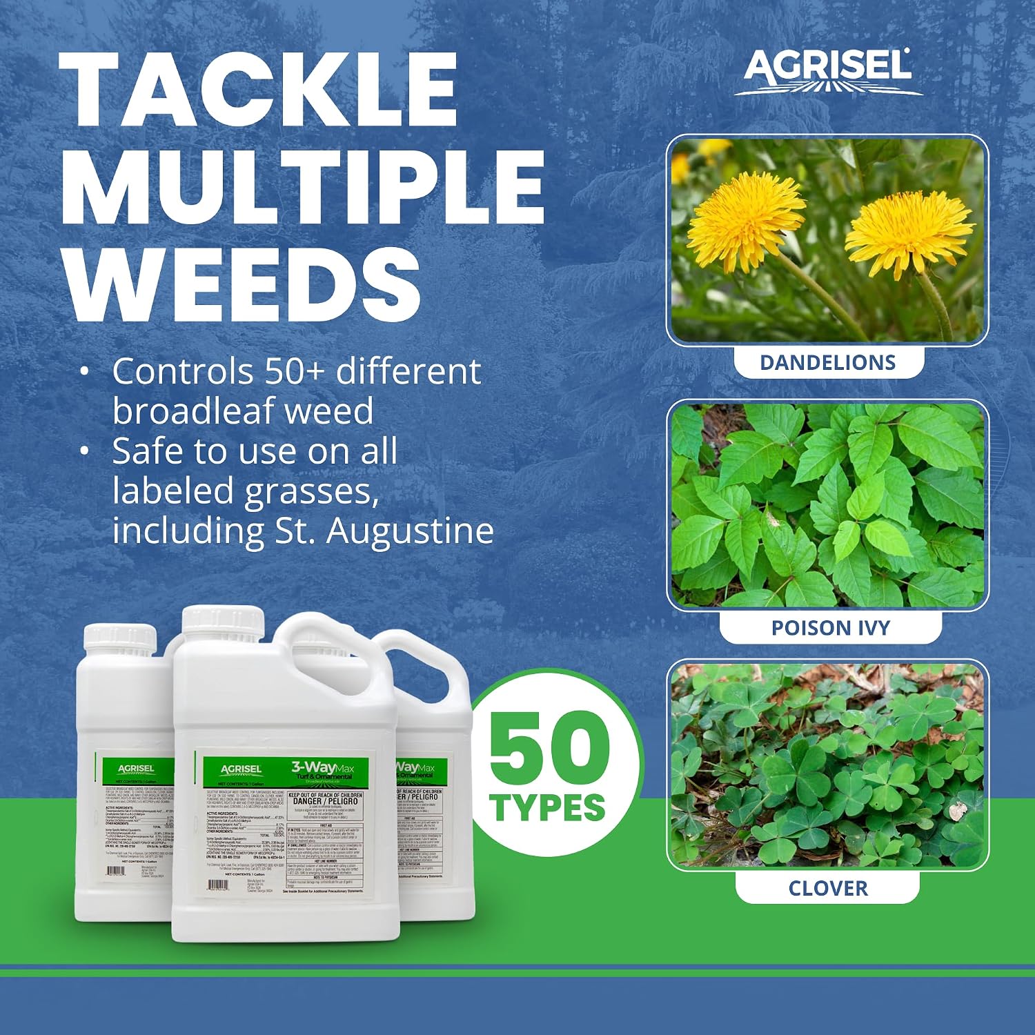 Agrisel 3 Way Max Weed Killer, Eliminate 50+ Weeds, Pet Safe, 128 Ounces | Safe on Grass, Weed Spray, Low Odor, Easy Mixing