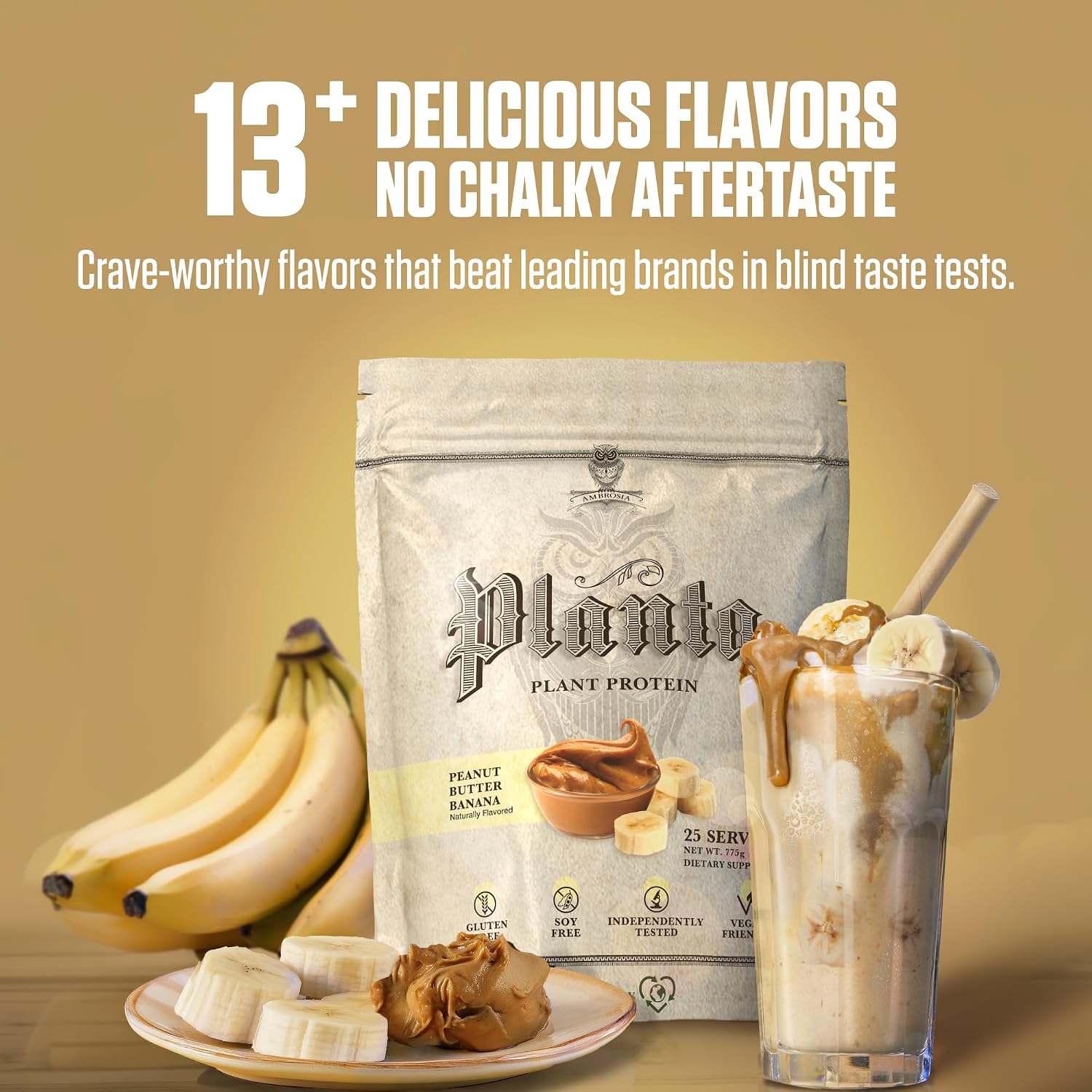 Ambrosia Plant Based Protein Powder 20g | Clean Vegan Pea Protein Powder | Gluten & Dairy Free, Keto Friendly, No Added Sugar | 25 Servings | Banana Maple