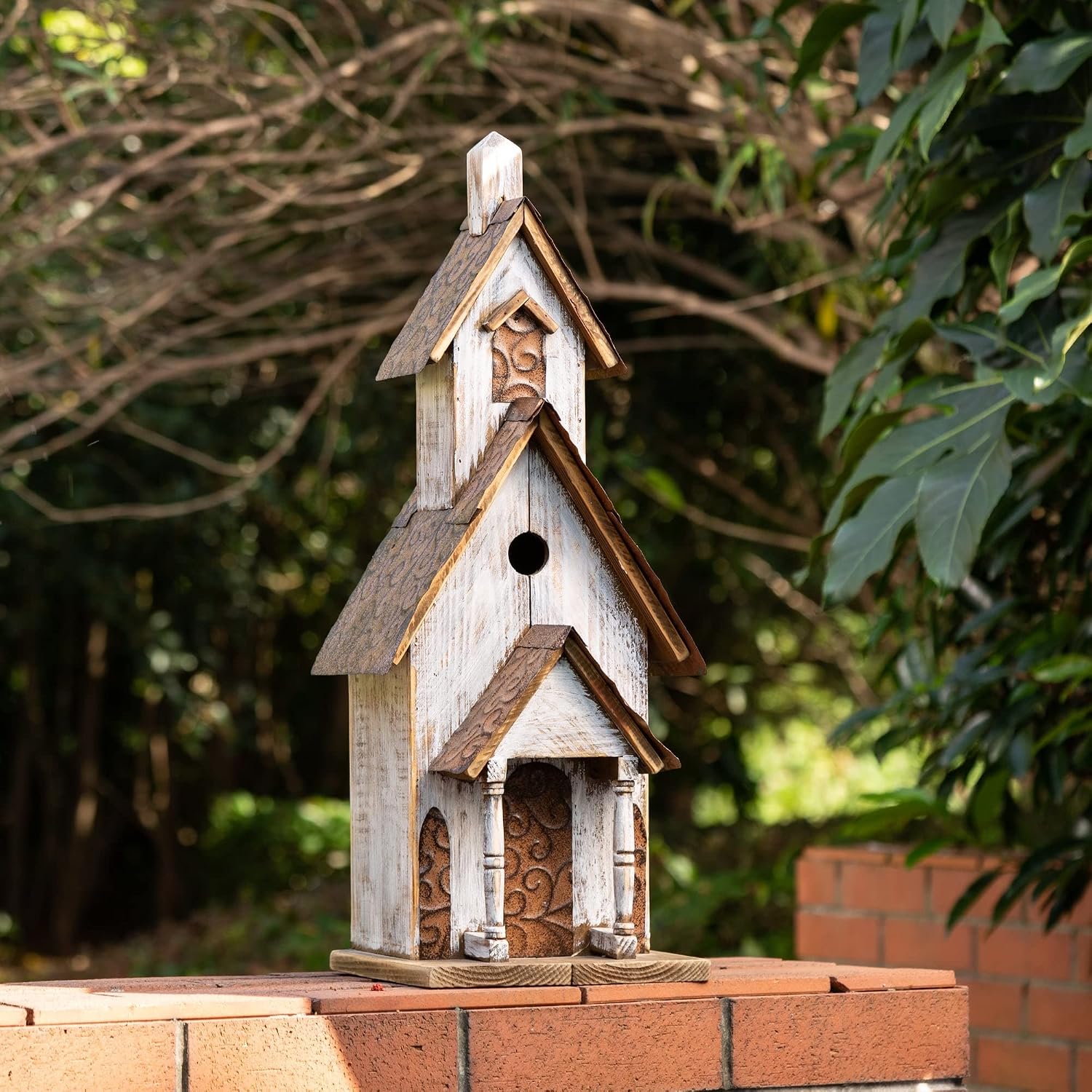 Glitzhome Rustic Hand Painted Wooden Church Birdhouse, Extra-Large 23.62" H Hanging Bluebird Houses for Outside