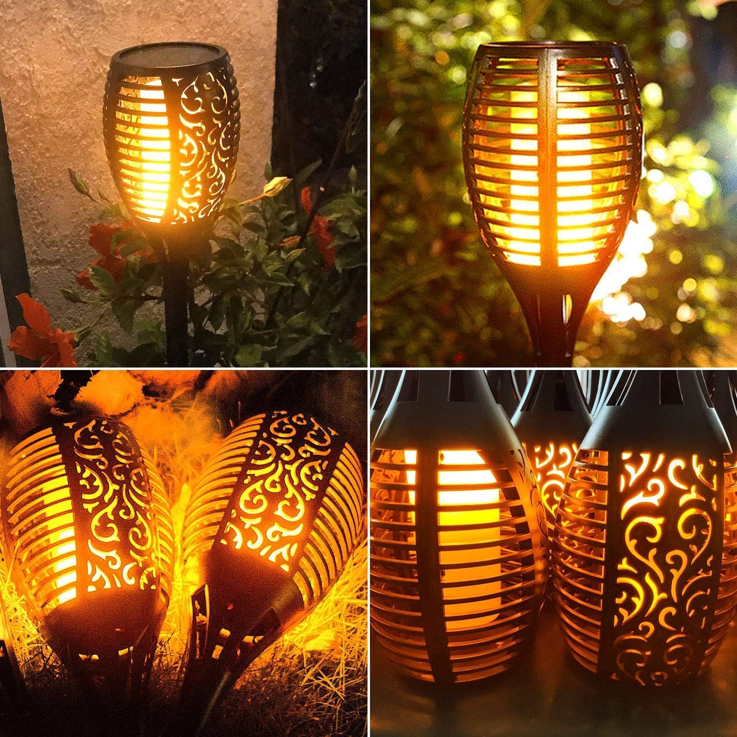 Large Size Solar Torch Light with Flickering Flame, 8 Pack | Fire Effect Garden Lights Outdoor, IP65 Waterproof Tiki Torches, Auto On/Off
