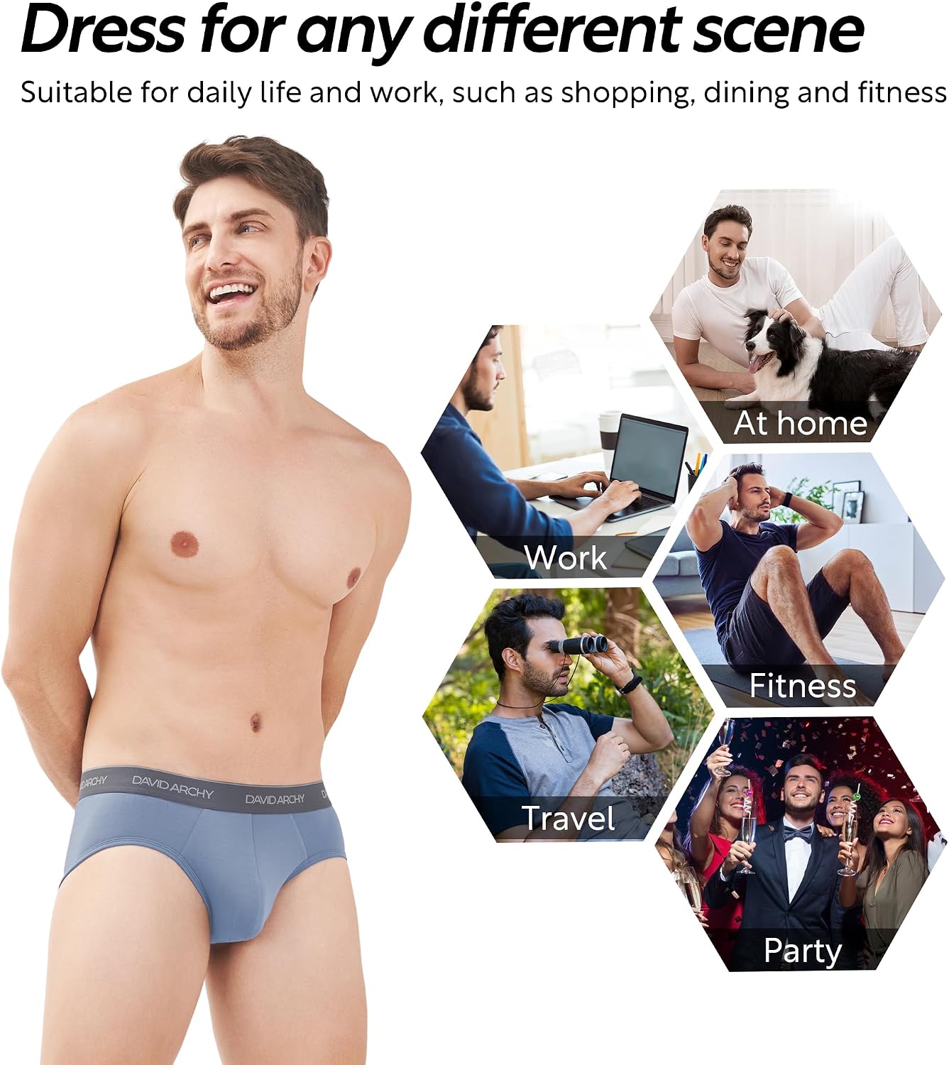 DAVID ARCHY Men's Breathable Support Pouch Underwear Briefs 4 or 7 Pack | Cooling moisture-wicking no-fly Rayon made from bamboo features anti-roll elastic waistbands and vibrant fade resistance.