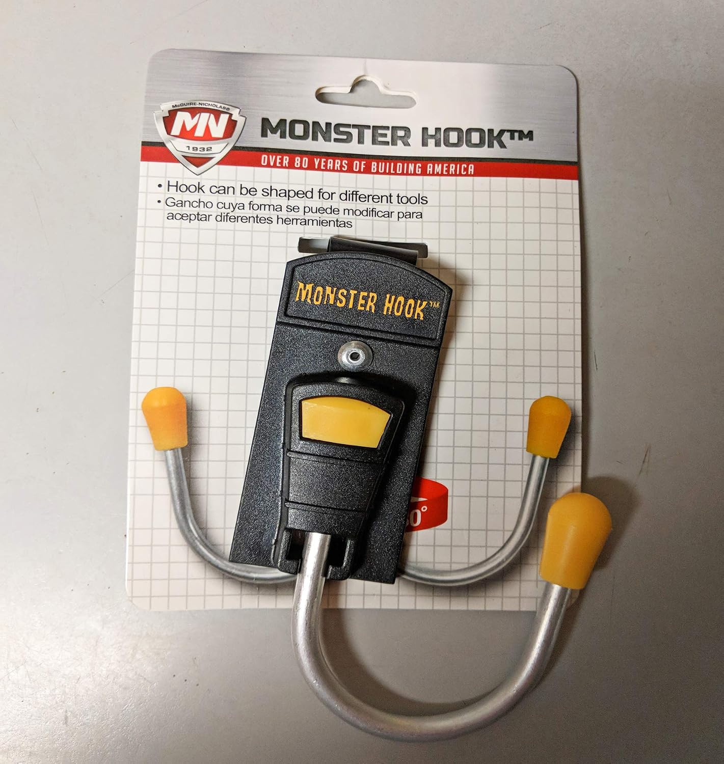 McGuire-Nicholas Monster Hook, 1 Pack, Black and Yellow | Metal clip, 180° rotating hook for drills, nail guns, saws, and garden tools