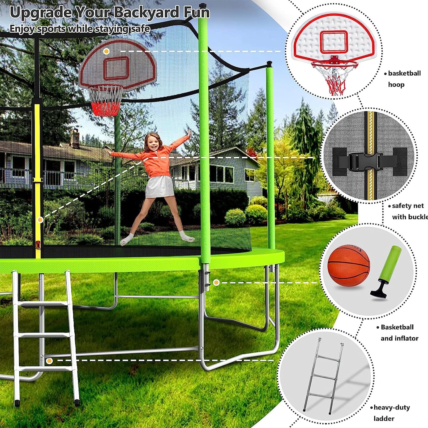 10 12 14 16FT Trampoline Outdoor, Light/Sprinkler/Basketball Hoop | Large Recreational Trampoline for Kids and Adults, Heavy Duty Yard Trampolines with Enclosure Net, ASTM Approval