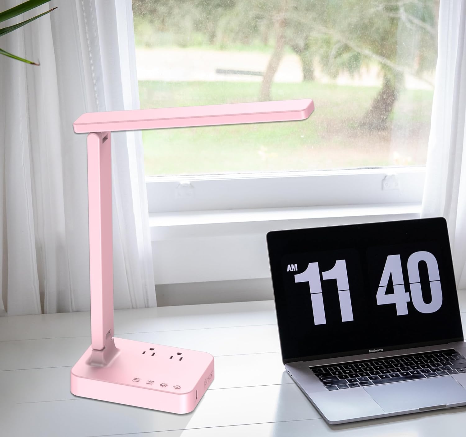 Drevet LED Desk Lamp for College Dorm Room, Desk Light with 1 USB Charging Port 2 AC Power Outlet, 3 Lighting Modes, 3 Level Brightness Touch Lamp