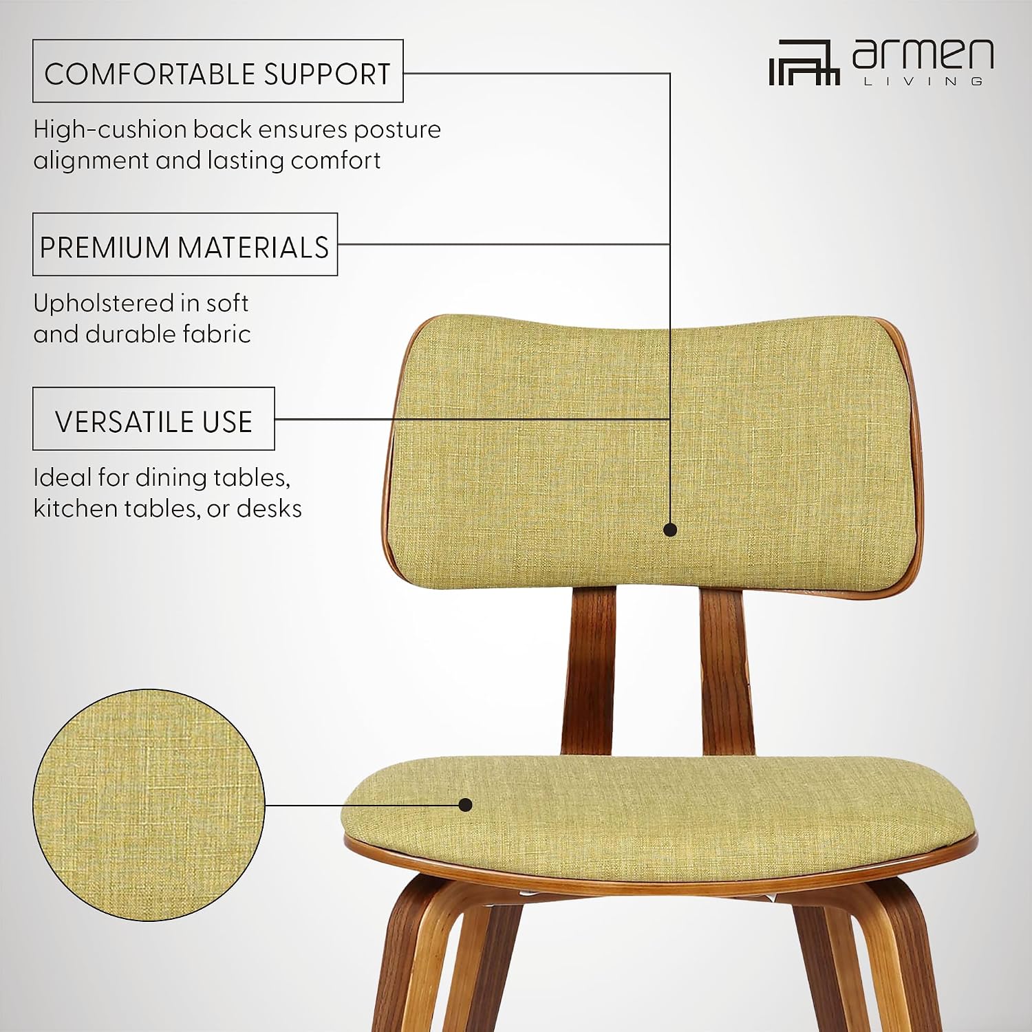 Armen Living Jaguar Dining Chair in Charcoal Fabric and Walnut Wood Finish,Charcoal/Walnut Finish 20D x 18W x 29H in