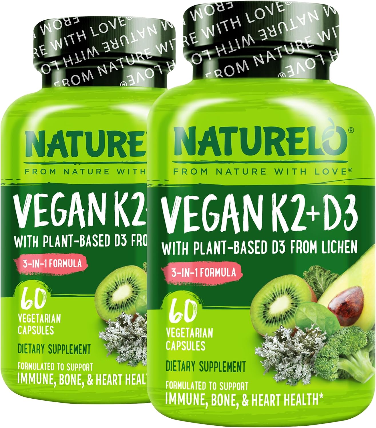 NATURELO Vitamin D3 K2, Vegan K2+D3 Supplement, 60 Capsules