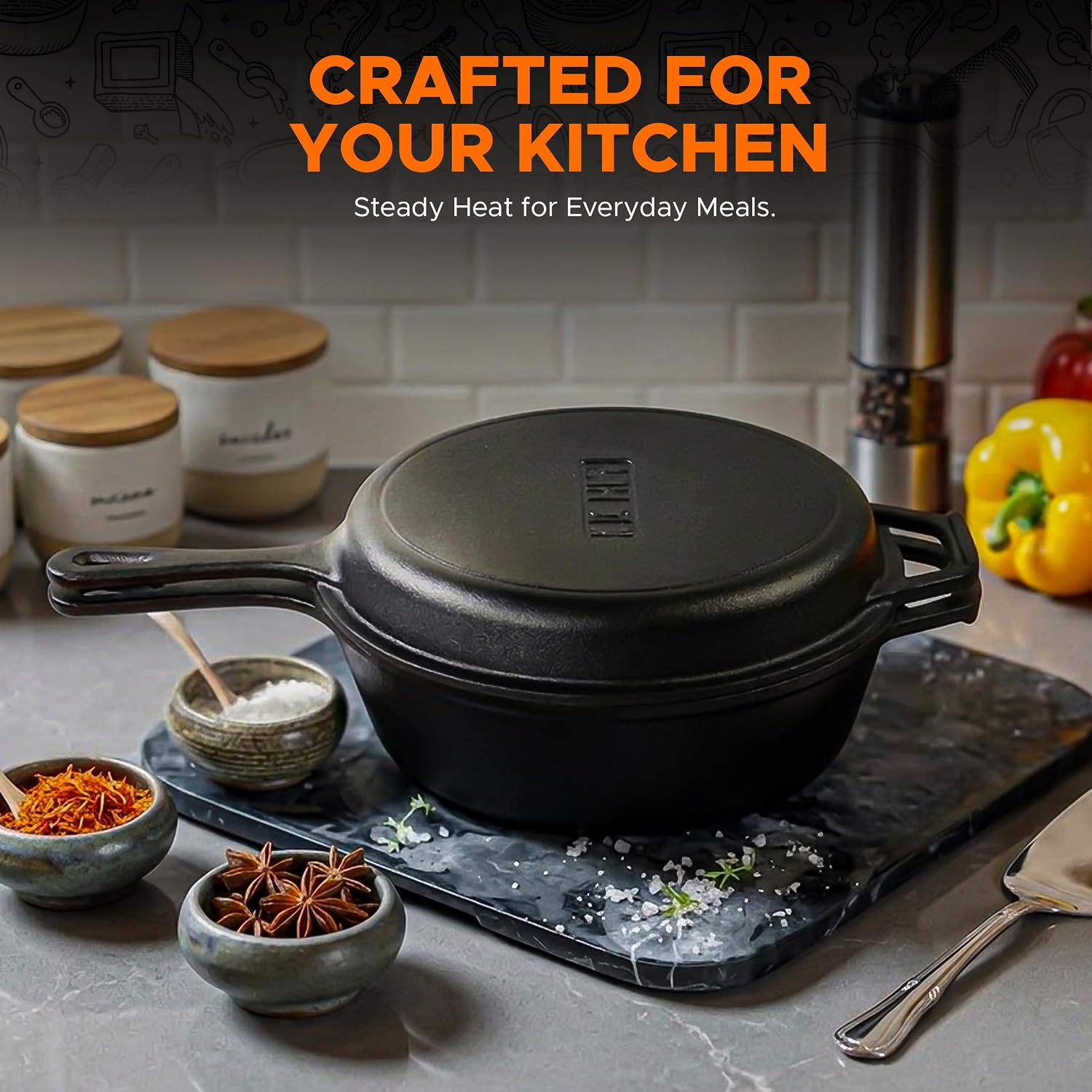 KICHLY Combo Cooker Cast Iron Dutch Oven with Lid 2 in1, PFAS Free Pre-seasoned Multi Cookware Skillet