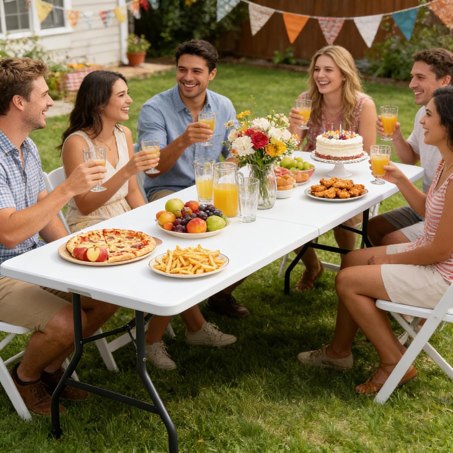 ZENY 6ft Folding Table, Portable Picnic Table, Plastic Table for Indoor Outdoor Picnic, Party, Camping, Heavy Duty Fold-up Table with Handle, White