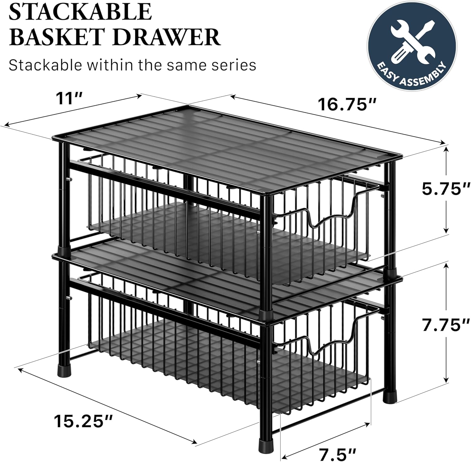 Simple Houseware Stackable 3 Tier Sliding Basket Organizer Drawer, Chrome