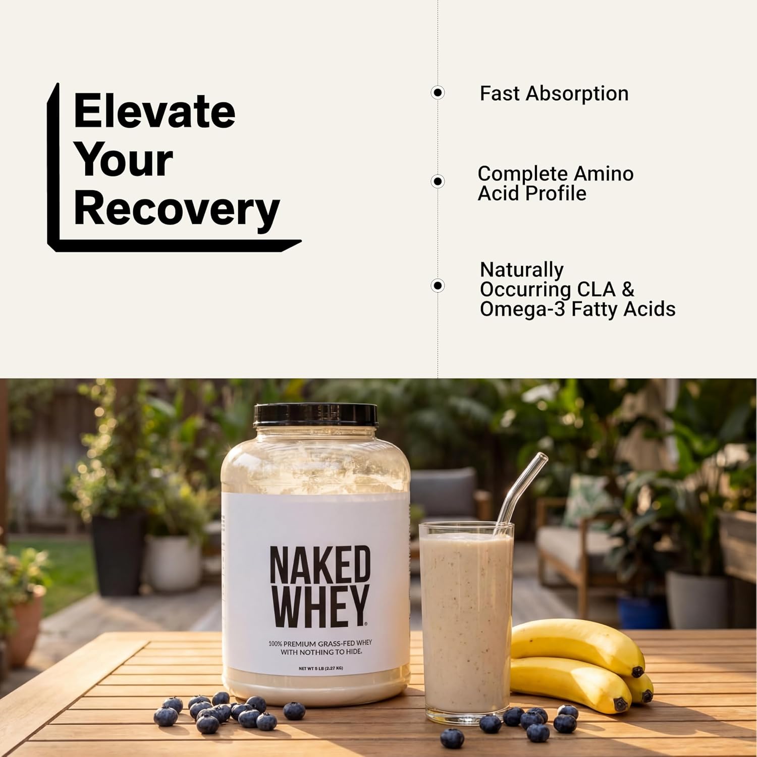 NAKED Whey 5LB 100% Grass Fed Unflavored Whey Protein Powder - Only 1 Ingredient, NSF Certified, Undenatured, Gluten Free, Soy Free, Promote Muscle Growth and Recovery - 76 Servings