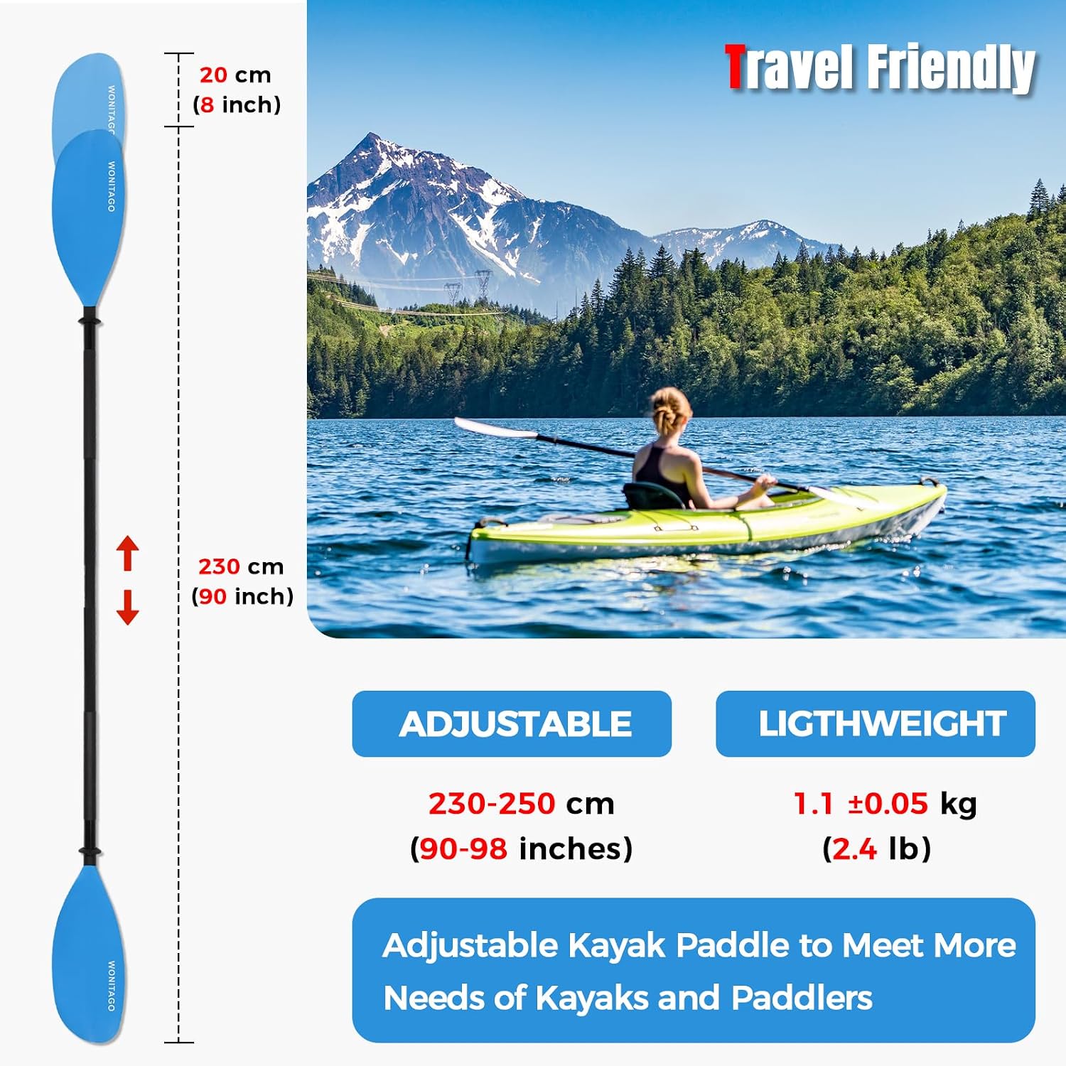 Kayak Paddle, Adjustable and Lightweight Kayaking Oar