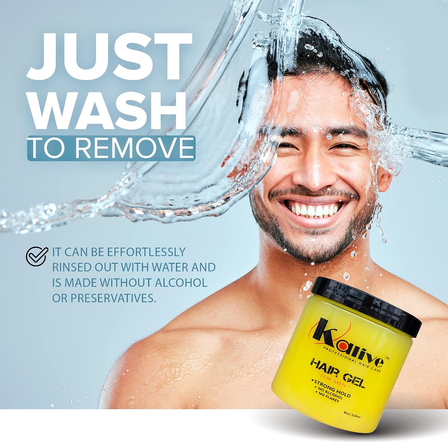 KALIVE Men's Hair Styling Gel 8 oz, Strong-Hold and Light Shine all day, No Flaking.