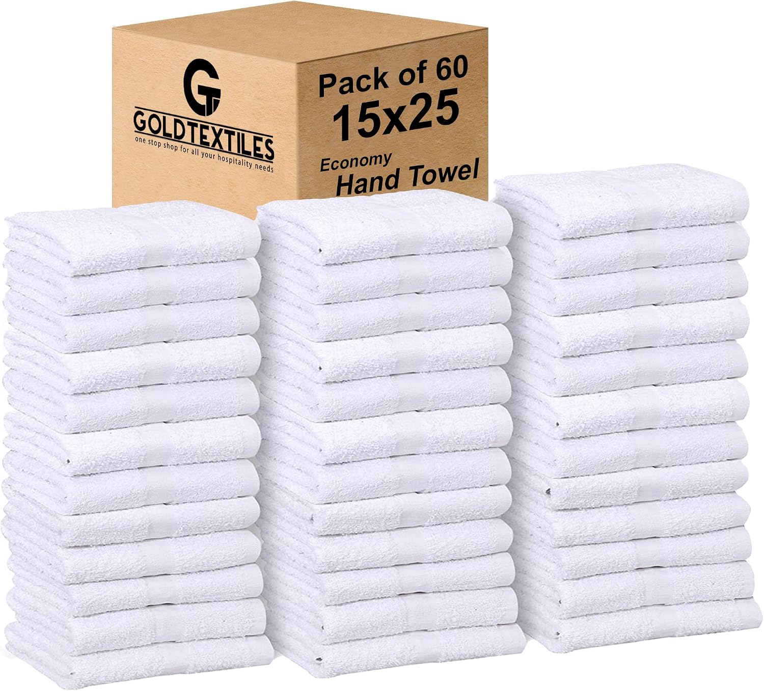Bulk Pack 60 Pcs (5 Dozen) White Economy 15x25 Inches Basic Hand Towel - 2.25 lb/dz